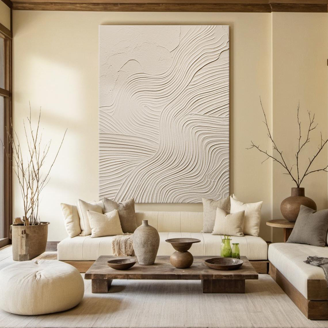 ZEN RIPPLE: Wabi-Sabi Wall Art, Hand-Painted Beige Organic Wave Line Plaster Effect 3D Textured Studio Art