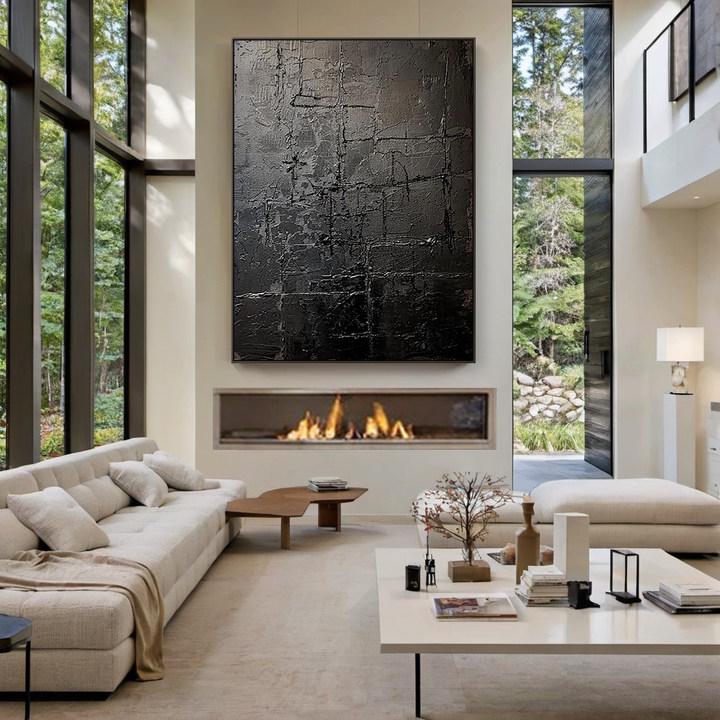 Charcoal Vestige – Hand-Painted Distressed Black Plaster Relief Wabi-Sabi Painting | Modern Noir Wabi-Sabi Living Room & Home Office Art
