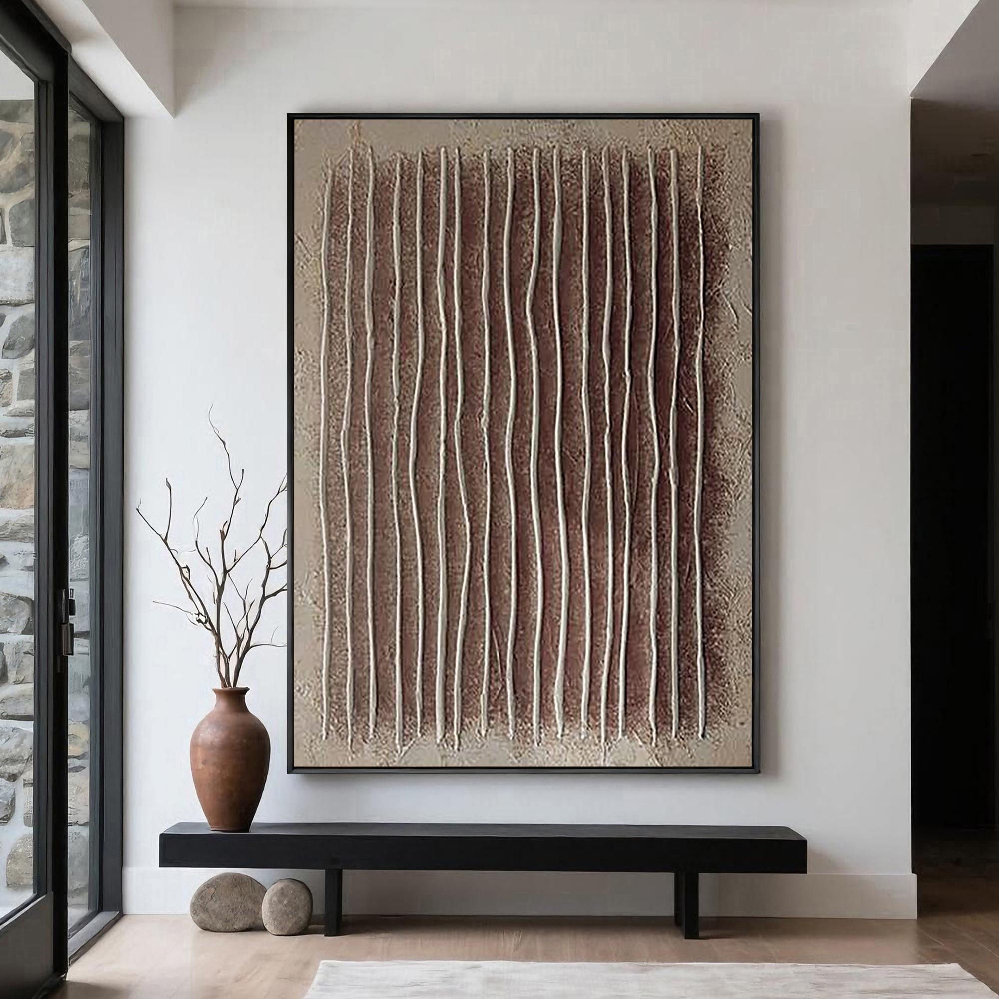 Vertical Echo – Hand-Painted Earthy Red and Beige Line Plaster Effect Wabi-Sabi Painting | Japandi Organic Wabi-Sabi Living Room & Hallway Art