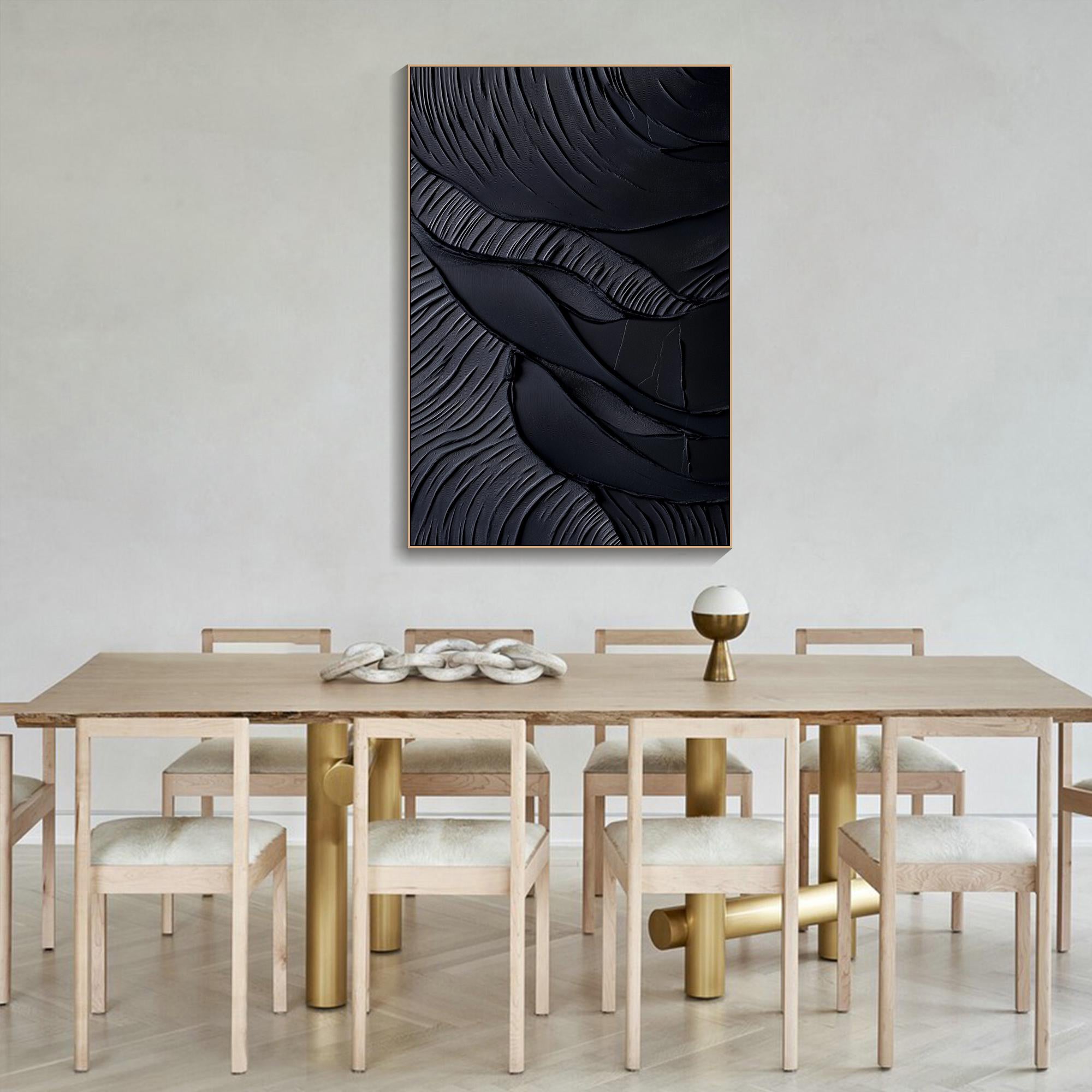 Obsidian Waves – Hand-Painted Pure Black Plaster Effect 3D Relief Wabi-Sabi Painting | Modern Noir Wabi-Sabi Living Room & Home Office Art