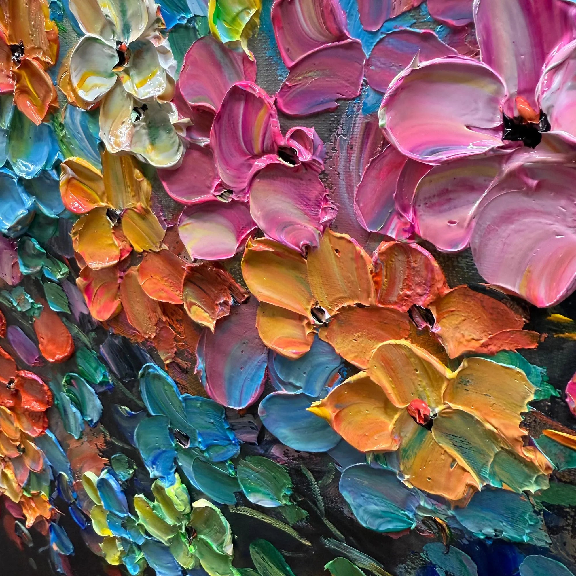 PRISMATIC LIFE: Flower-Tree Art, Hand-Painted Horizontal Vibrant Multicolored 3D Impasto Palette Knife Heavy Texture Studio Art