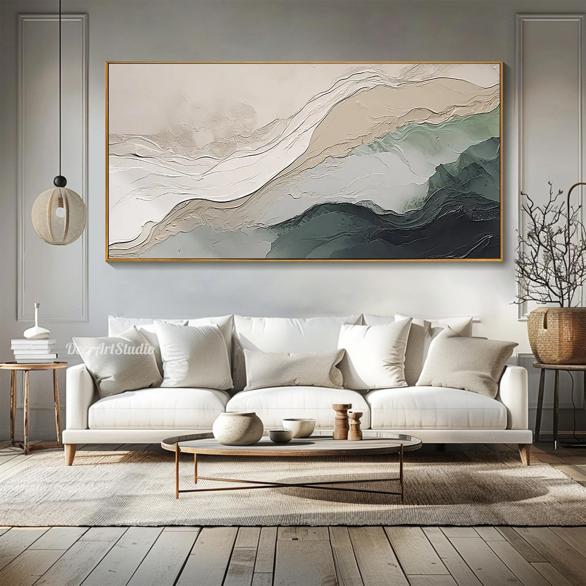 Serene Ridge – Hand-Painted Sage Green and Beige Plaster Effect Relief Landscape Painting | Contemporary Landscape Living Room & Dining Room Art