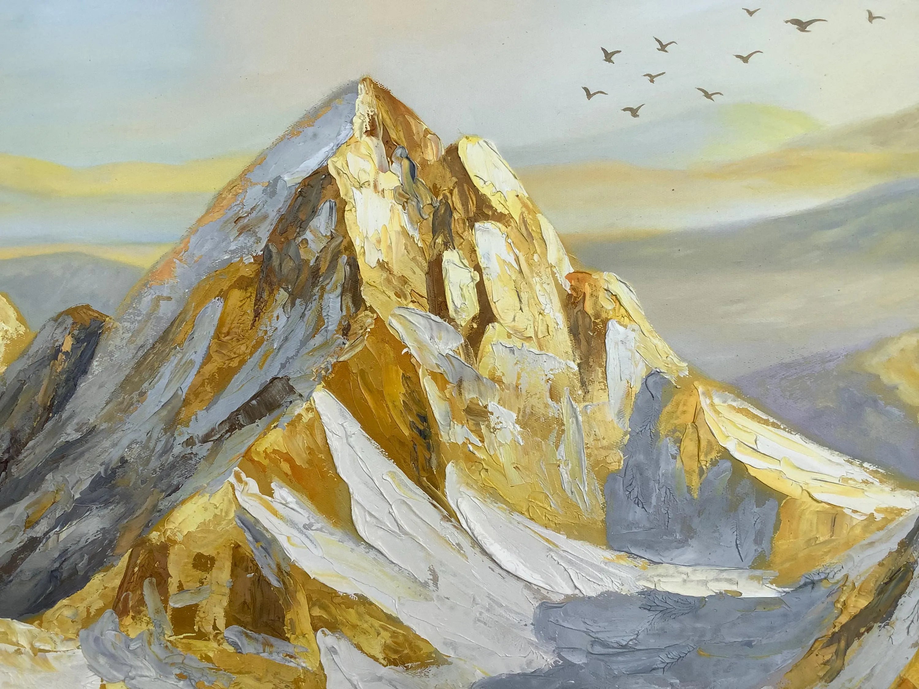 Golden Summit – Hand-Painted Alpine Snow Peak Landscape Palette Knife Oil Mountain Painting | Contemporary Mountain Living Room & Home Office Art