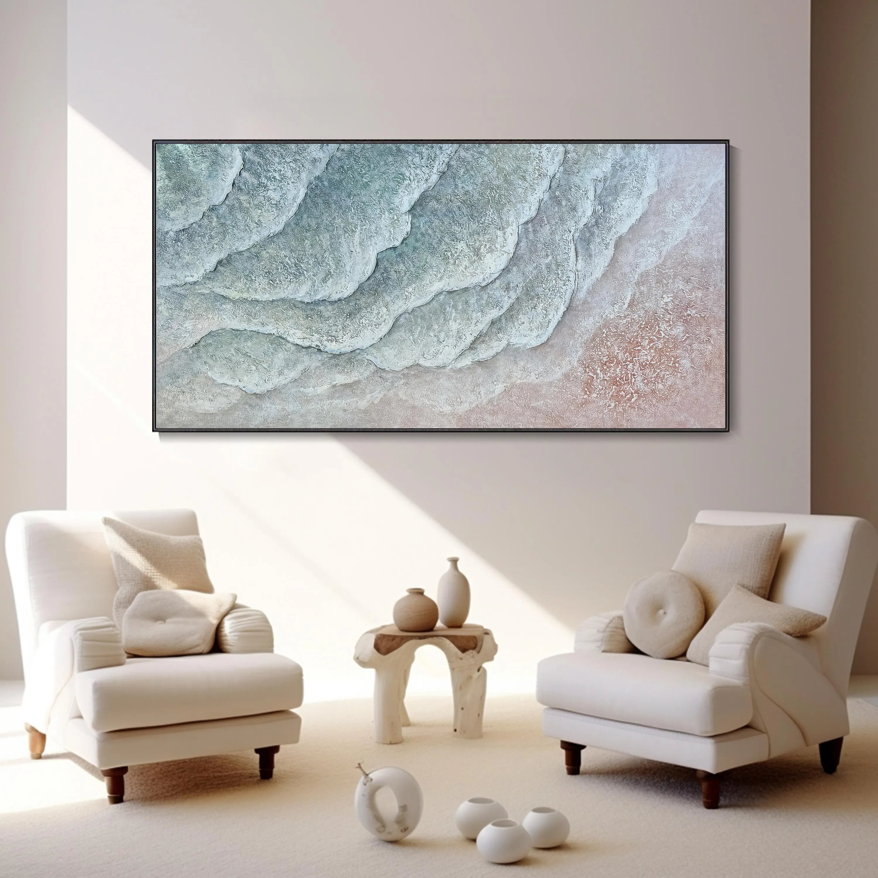 Gentle Tides – Modern Heavy Textured Abstract Waves | Wabi-Sabi Living Room Horizontal Wall Art