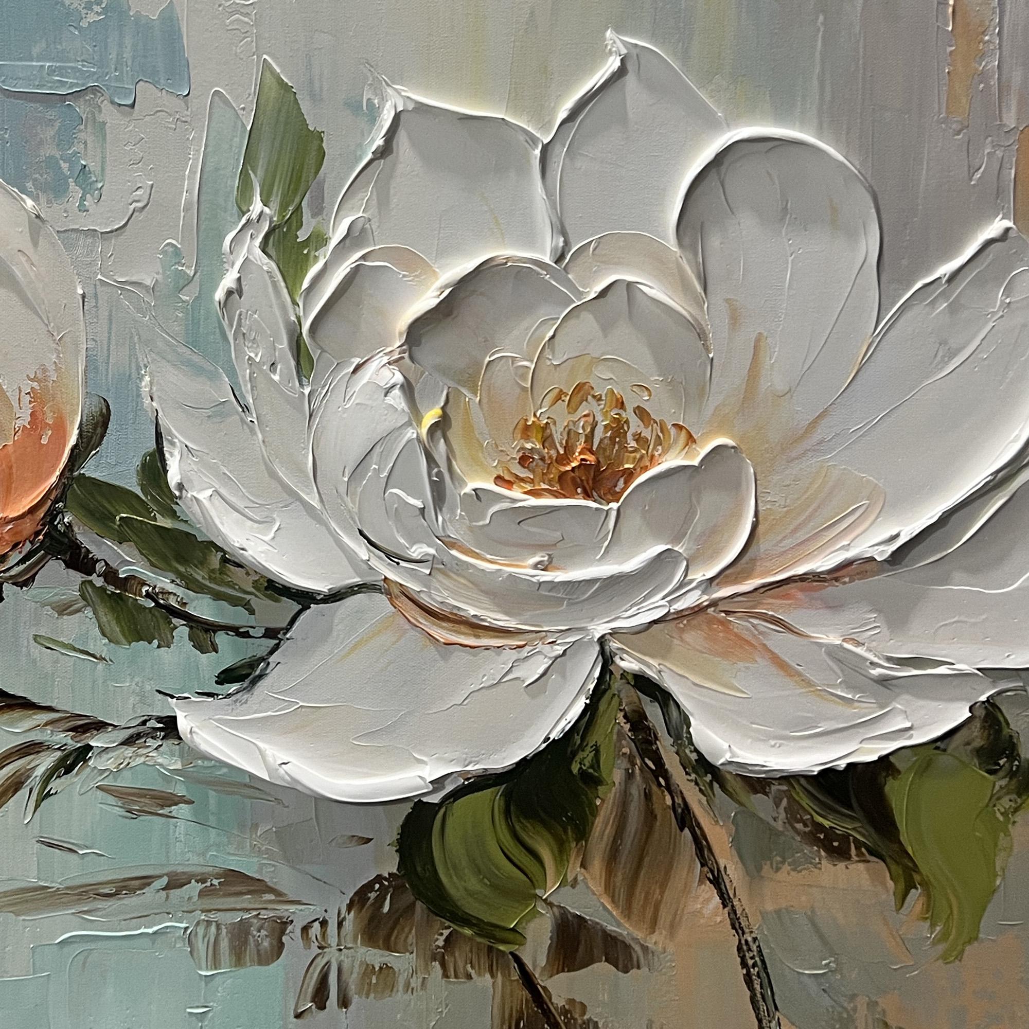 Magnolia Calm – Modern French Luxury Magnolia Floral Textured Painting | Large Horizontal Bedroom Art