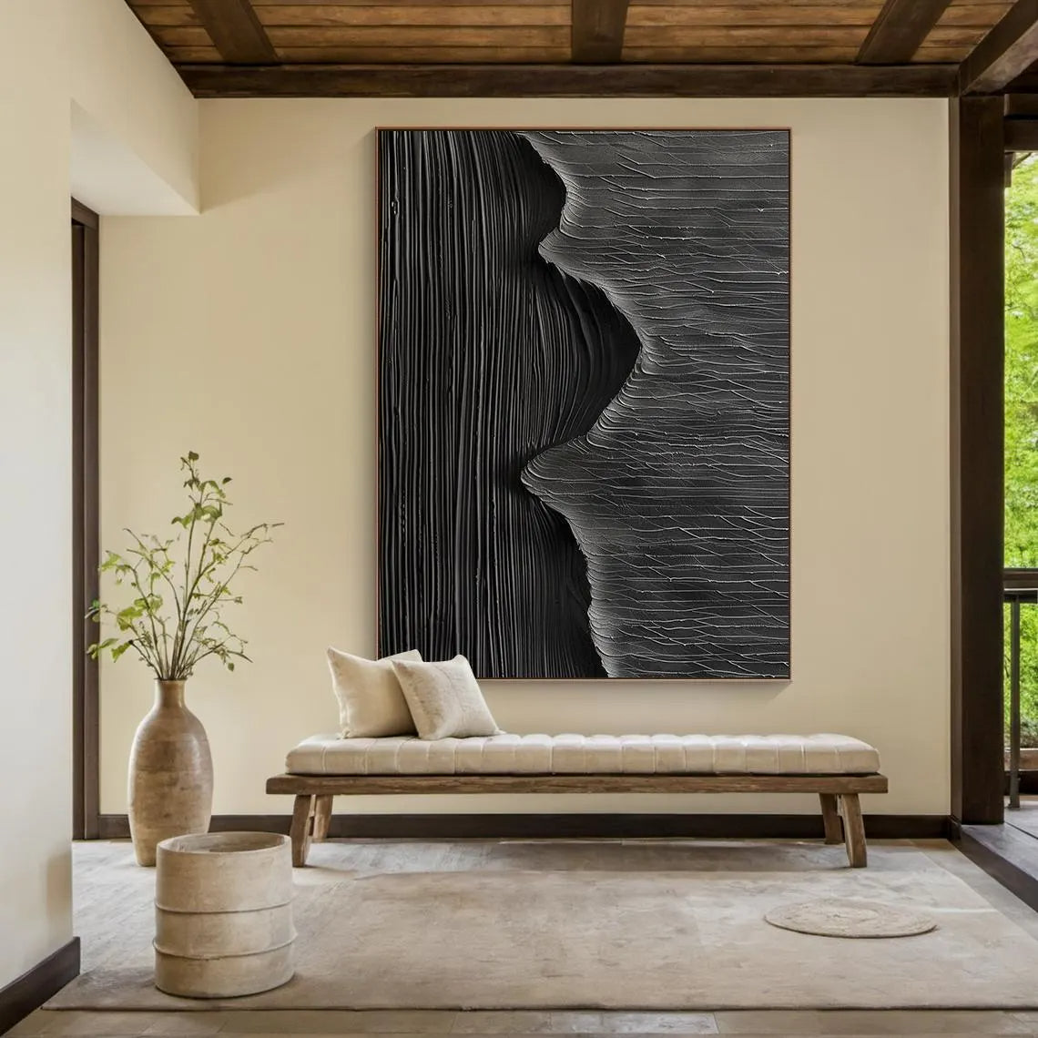 Dark Pulse – Hand-Painted All-Black High-Density Linear Plaster Relief Texture Painting | Modern Industrial Plaster Home Office & Living Room Art