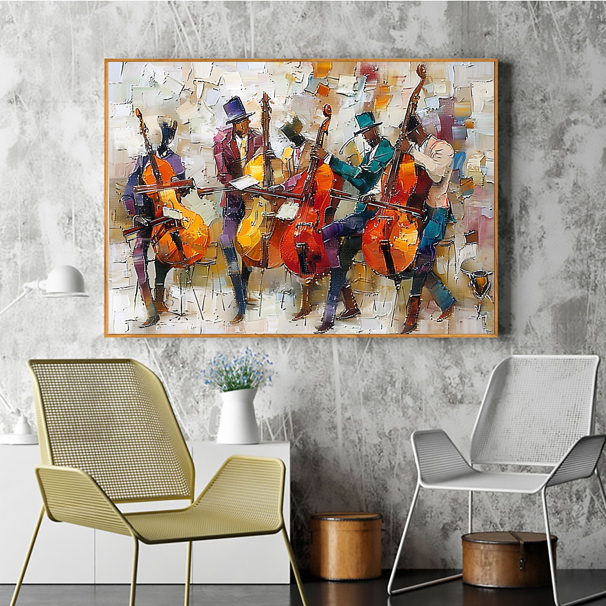 Jazz Rhythm – Hand-Painted Abstract Cello Ensemble Musical Palette Knife Textured Oil Portrait Painting | Contemporary Expressionist Living Room & Office Art