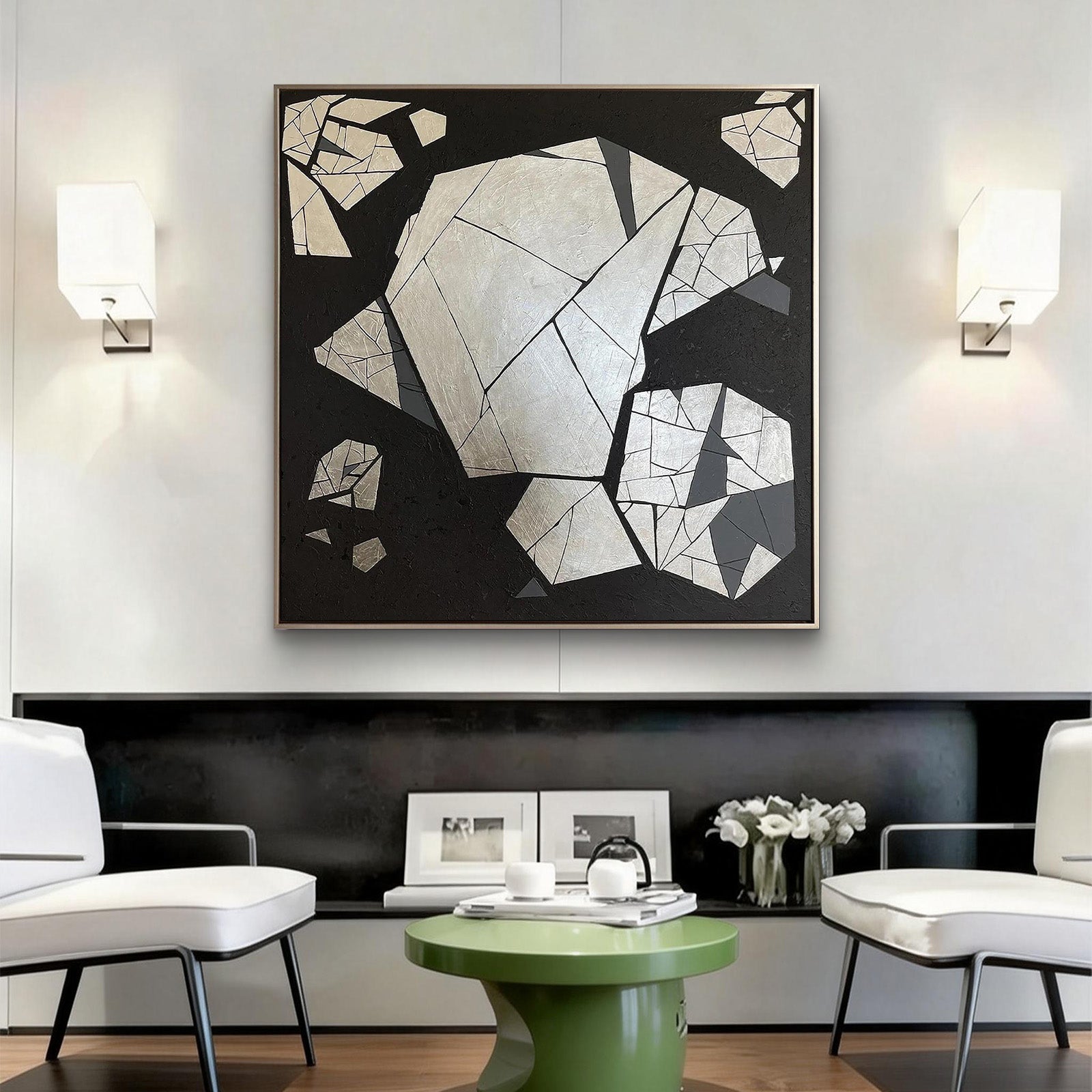 Fractured Core – Hand-Painted Black and Silver Geometric Rock Relief Wabi-Sabi Painting | Japandi Wabi-Sabi Living Room & Bedroom Art