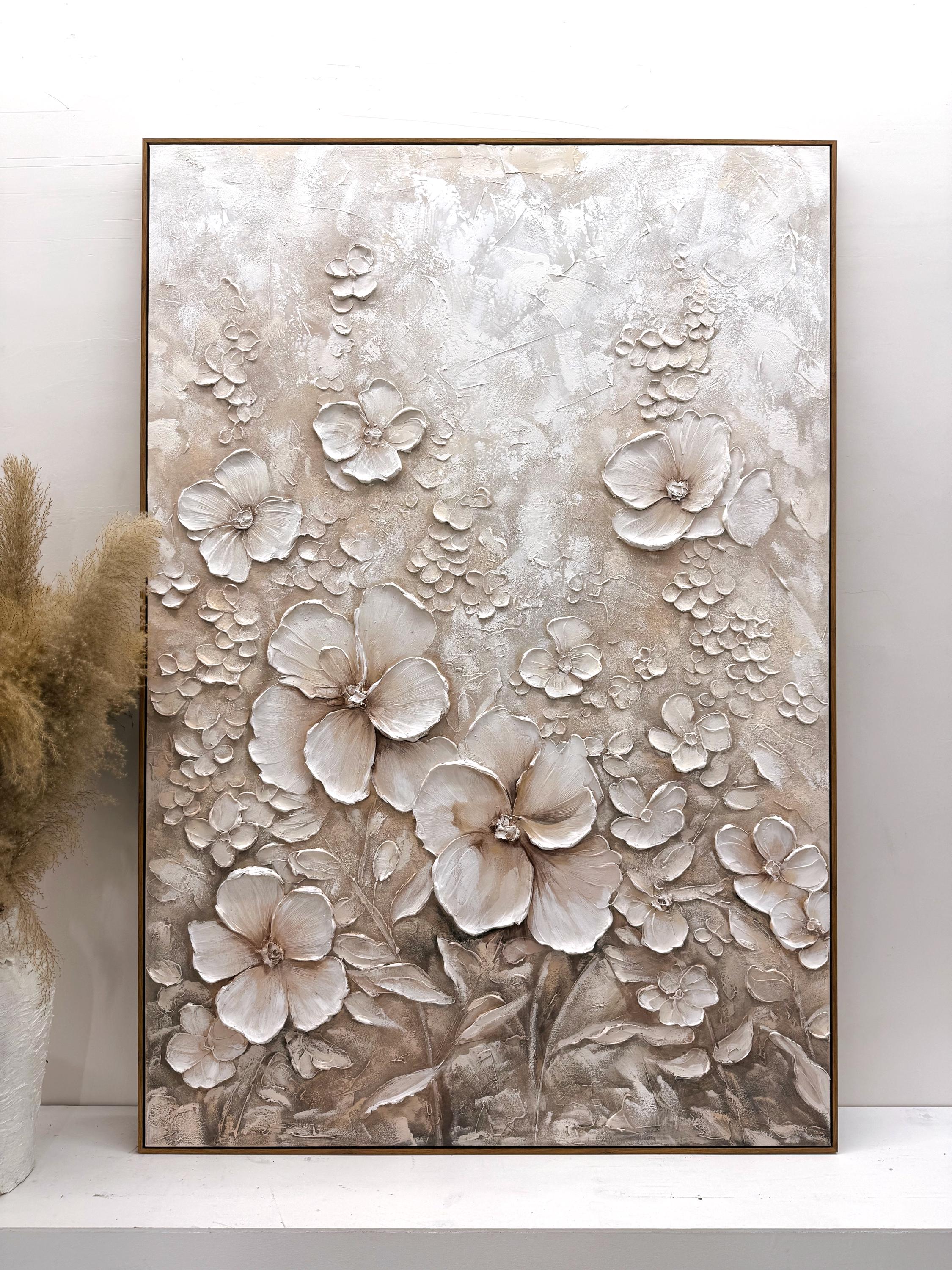 Ivory Petals – Hand-Painted Champagne White Blossom 3D Relief Floral Painting | Soft Organic Botanical Bedroom & Living Room Art