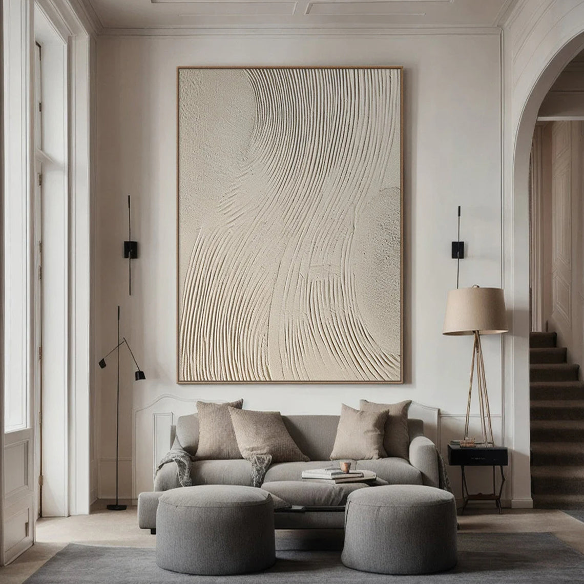 Desert Rhythm – Hand-Painted Minimalist Beige Linear Plaster Relief Wabi-Sabi Painting | Japandi Organic Wabi-Sabi Living Room & Hallway Art