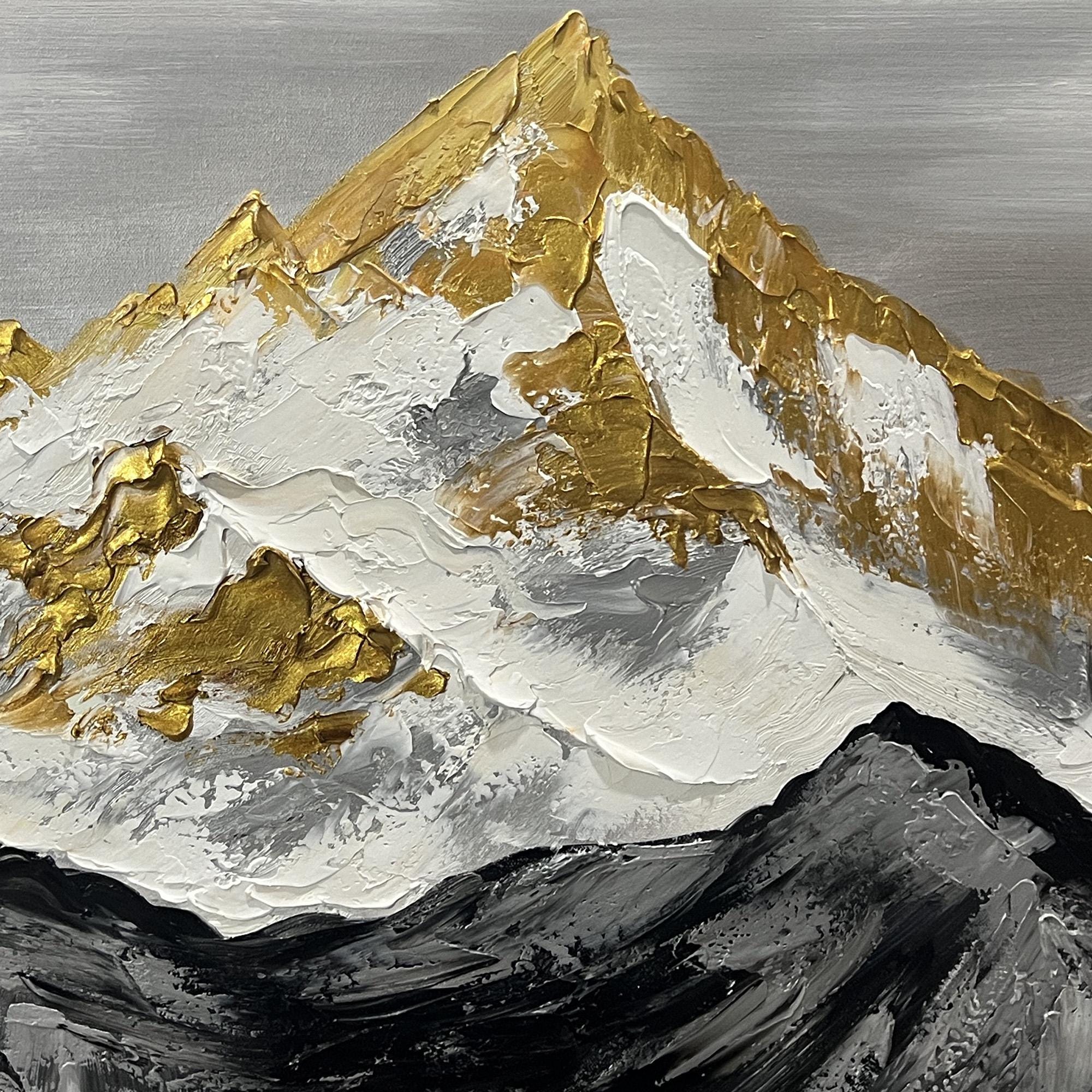 GOLDEN PEAK: Mountain Wall Art, 3D Heavy Texture Gold Leaf Snow Mountain Hand-Painted Oil Painting