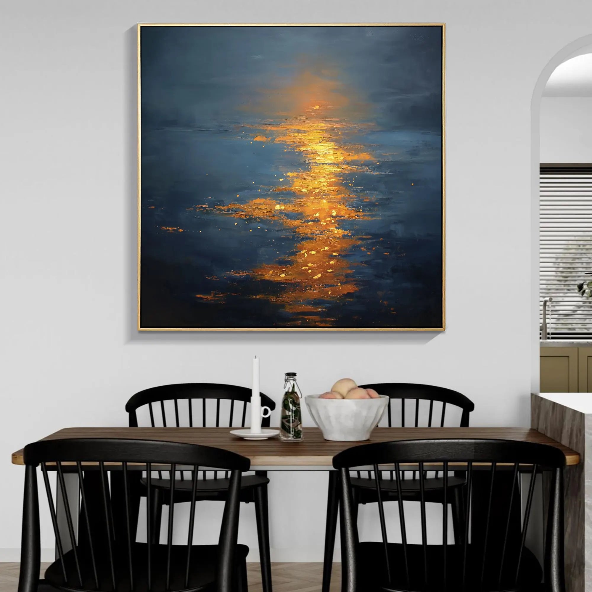 Golden Path – Deep Blue & Gold Sunset Impasto Texture Painting | Coastal Modern Living Room & Bedroom Art