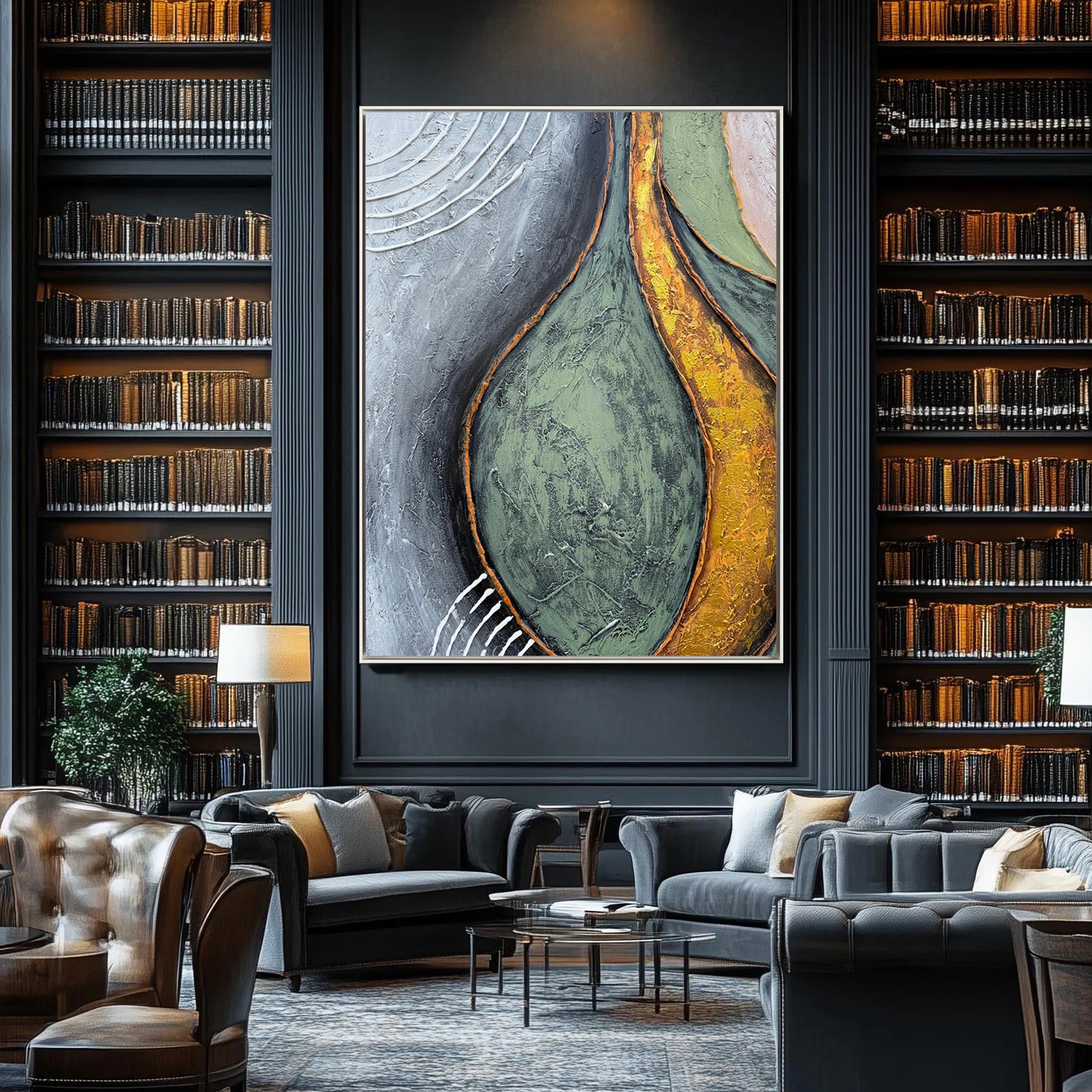 Organic Curve – Hand-Painted Sage Green and Gold Foil Palette Knife Abstract Painting | Modern Abstract Living Room & Office Art