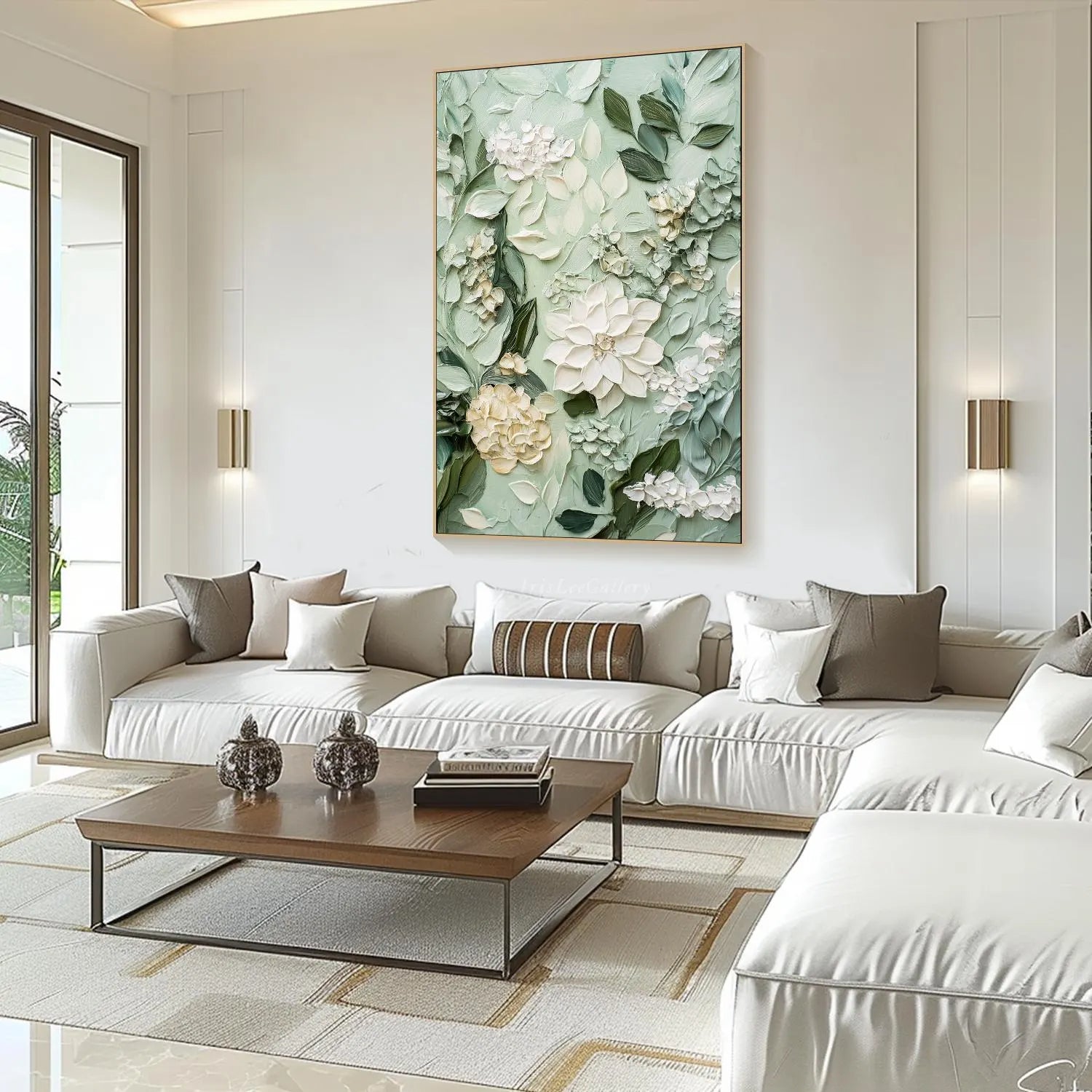 SAGE BLOSSOM: Floral Wall Art, Hand-Painted Sage Green and Creamy White 3D Impasto Heavy Texture Studio Art