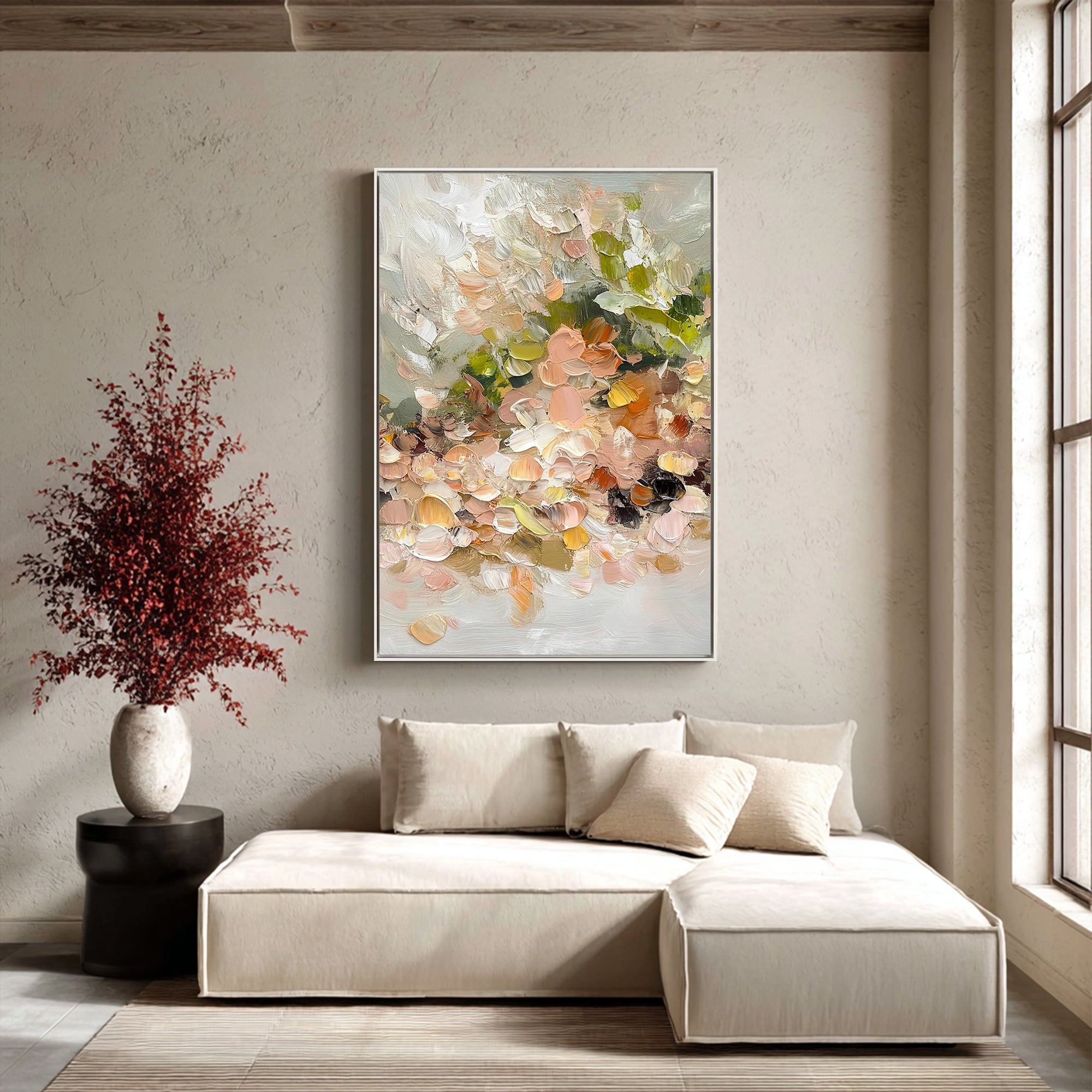 Creamy Meadow – Hand-Painted Minimalist Beige and Apricot 3D Floral Painting | Soft Organic Botanical Bedroom & Living Room Art