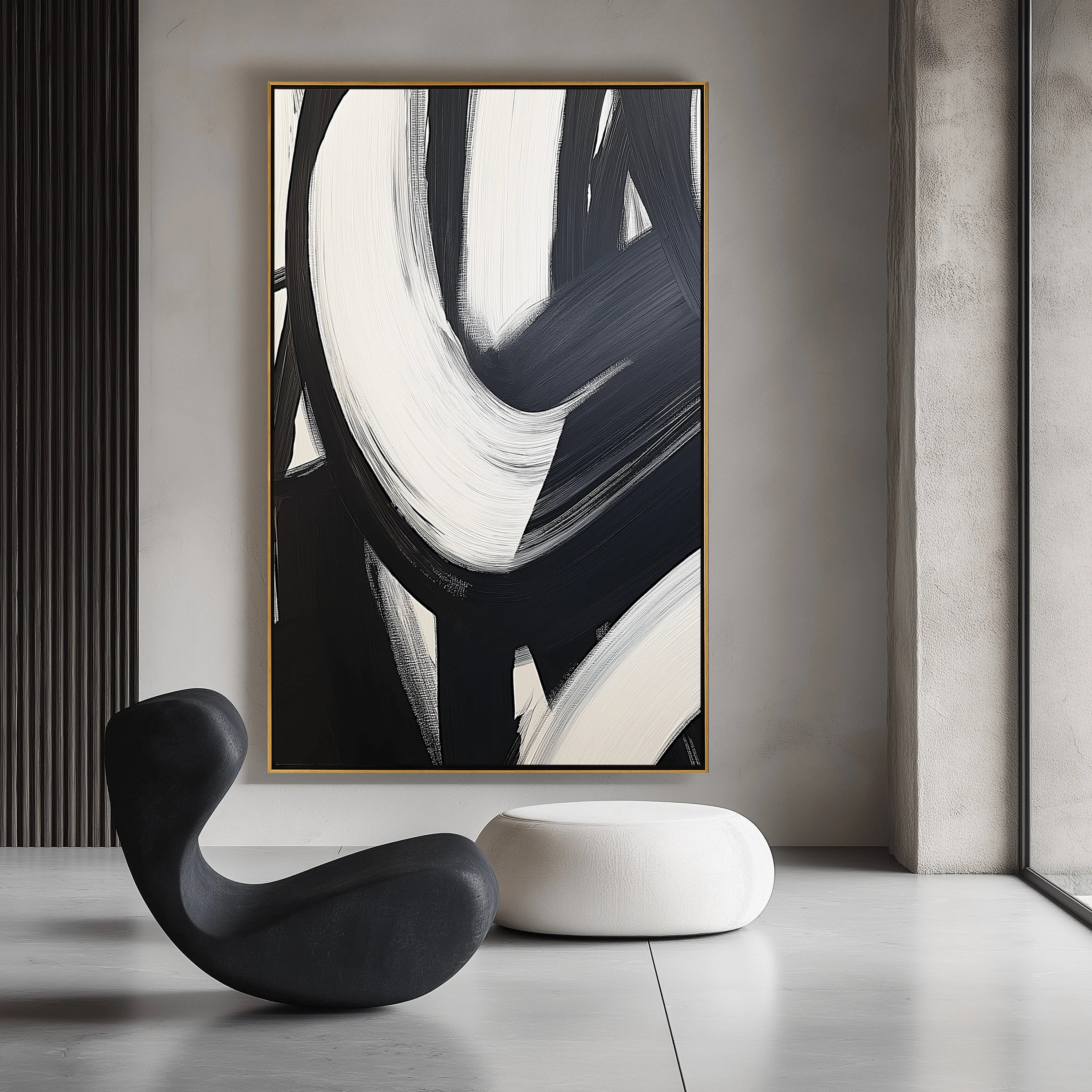Zen Spiral – 3D Sculptural Black & White Abstract Minimalist Painting | Bold Minimalist Bedroom & Home Office Art