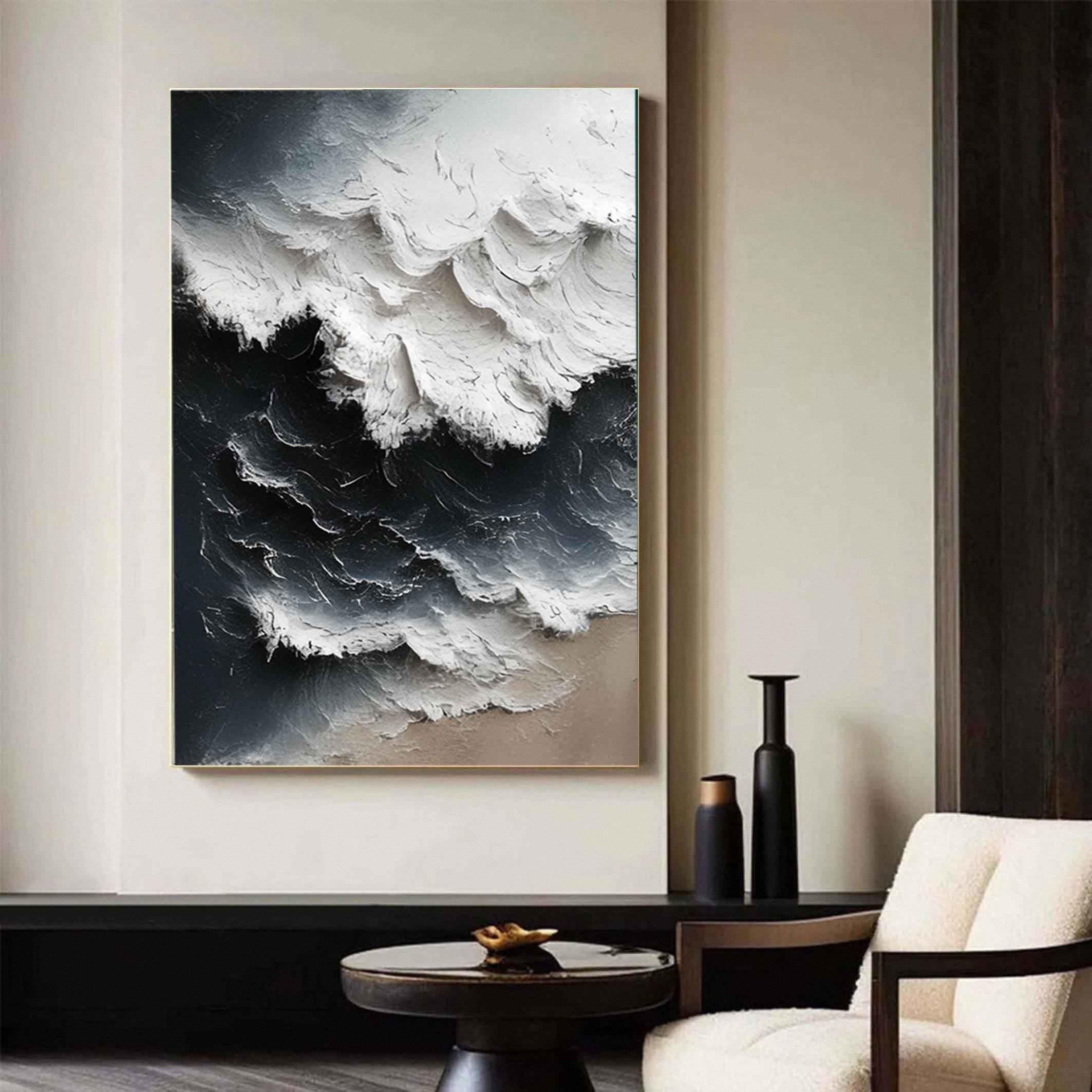 Arctic Surge – Hand-Painted Deep Navy and White Sea Foam 3D Nature Painting | Coastal Modern Living Room & Bedroom Art