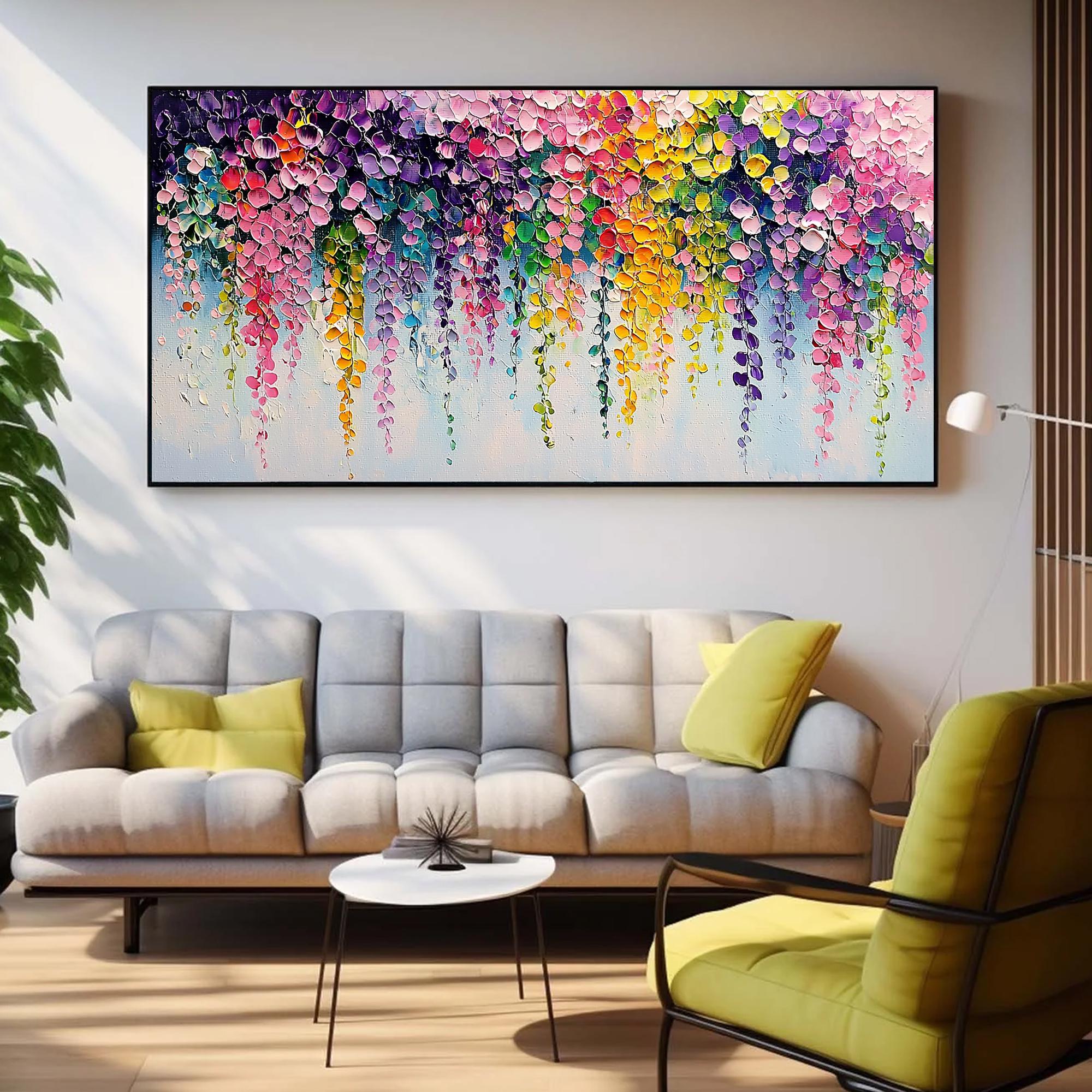 Neon Dreamscape – Modern Impasto Cascading Flower Oil Painting | Vibrant Floral Living Room Art
