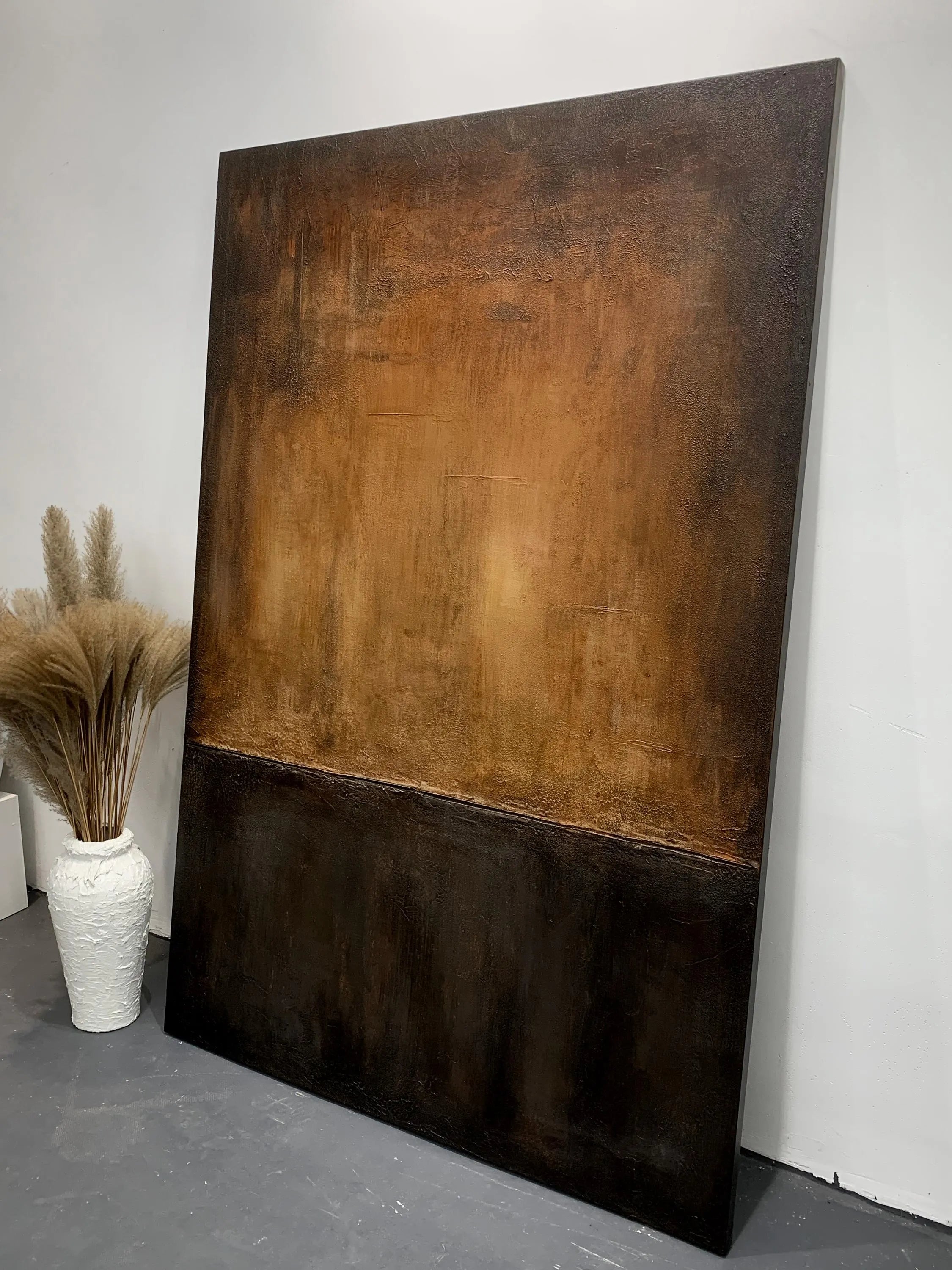 Earthen Dusk – Hand-Painted Coffee Brown and Charcoal Black Minimalist Plaster Relief Wabi-Sabi Painting | Modern Noir Wabi-Sabi Living Room & Home Office Art