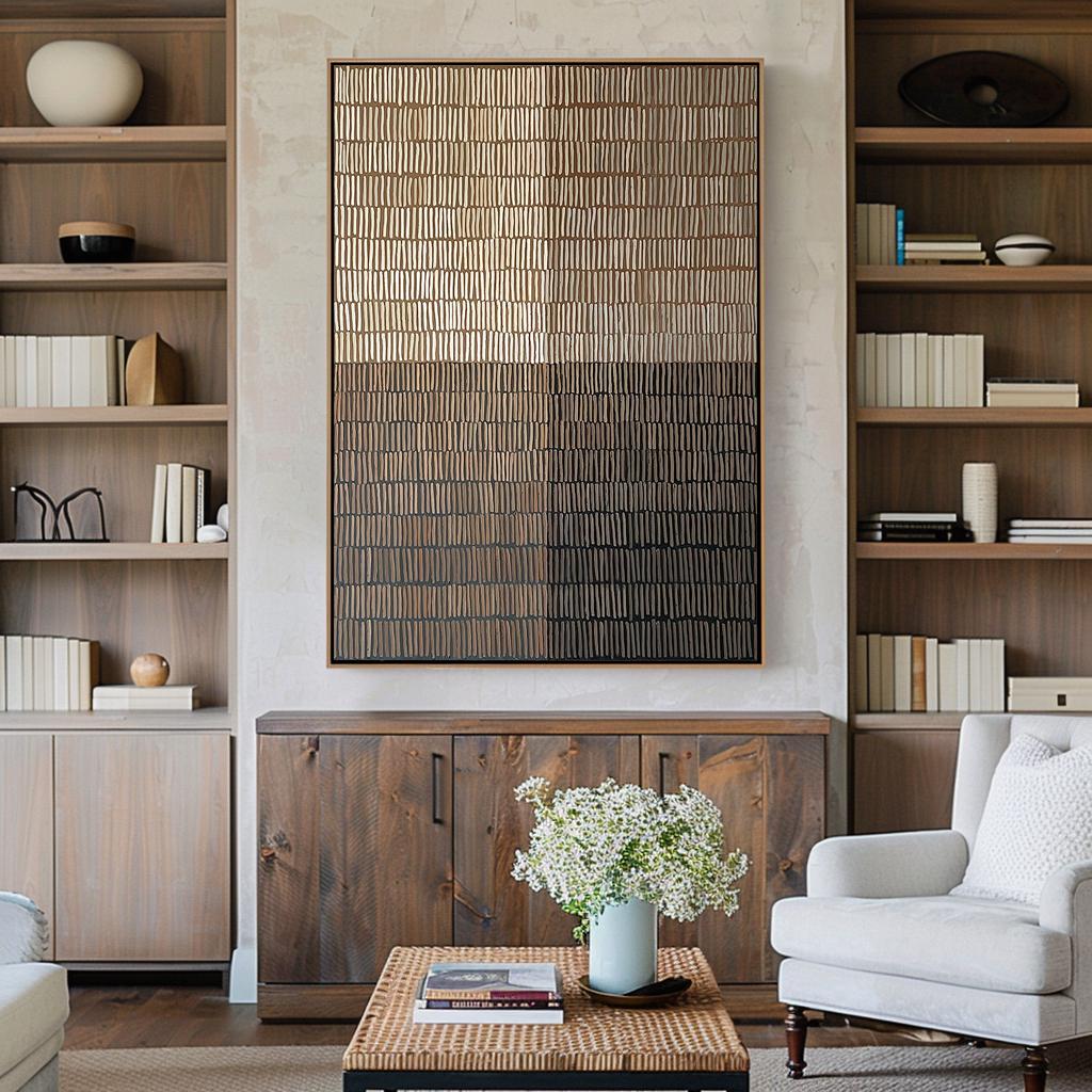 Rhythmic Shadow – Modern Neutral Plaster Relief Grid Wabi-Sabi Painting | Japandi Organic Wabi-Sabi Living Room & Hallway Art