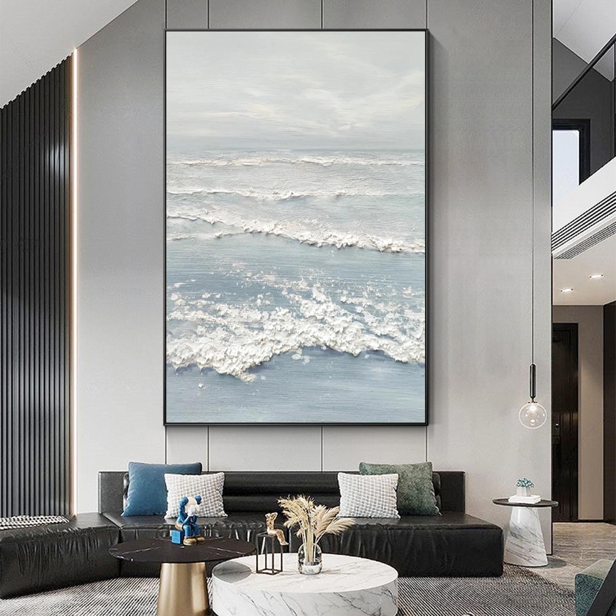 Ocean Mist – Hand-Painted Pale Blue 3D Impasto Wave Seascape Painting | Coastal Modern Living Room & Bedroom Art