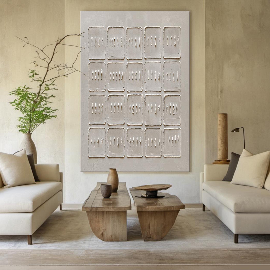Ordered Blocks – Hand-Painted Minimalist Beige Geometric Relief Plaster Effect Wabi-Sabi Painting | Japandi Organic Wabi-Sabi Living Room & Hallway Art