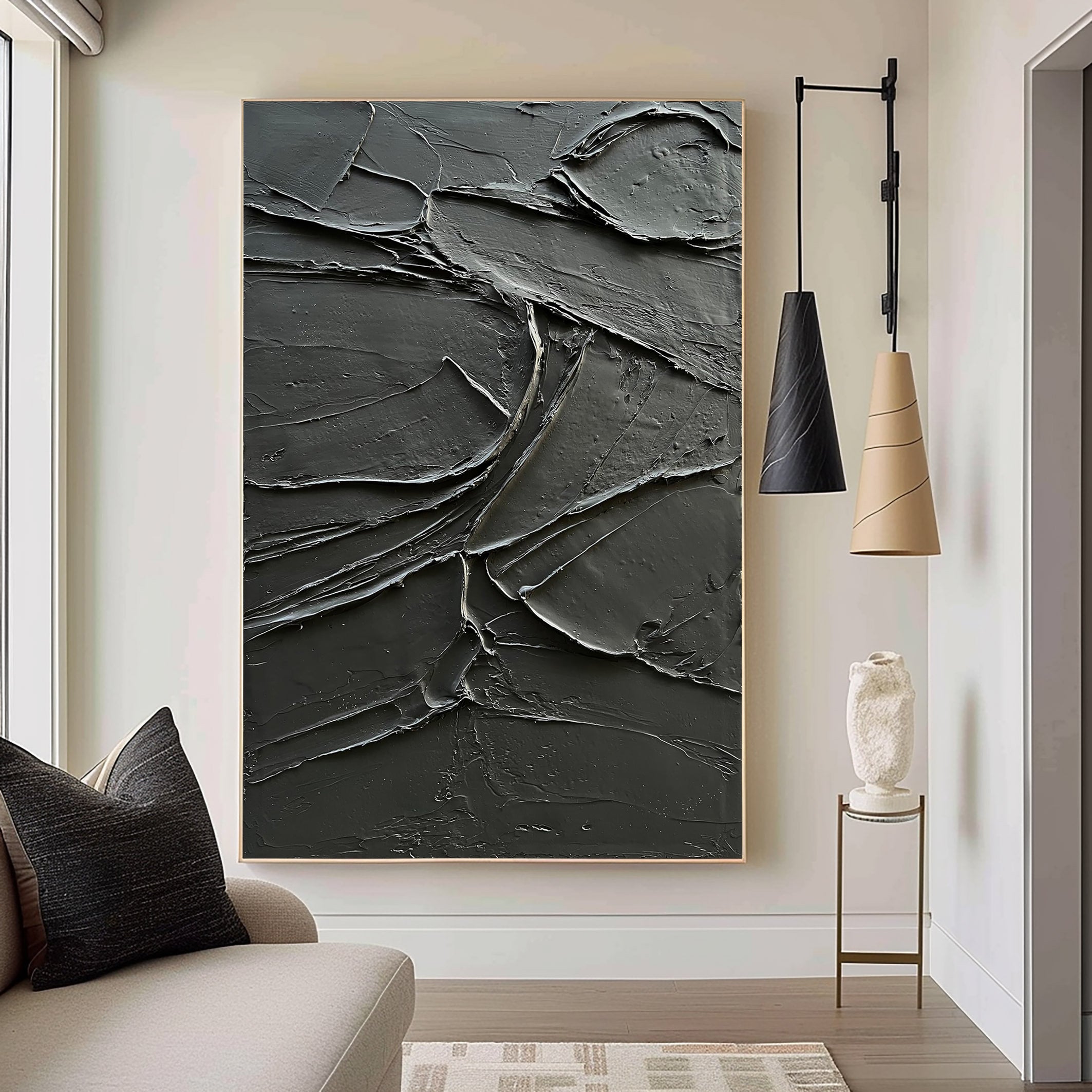 Onyx Ridge – Rugged Plaster Relief Abstract Painting | Modern Abstract Living Room & Office Art