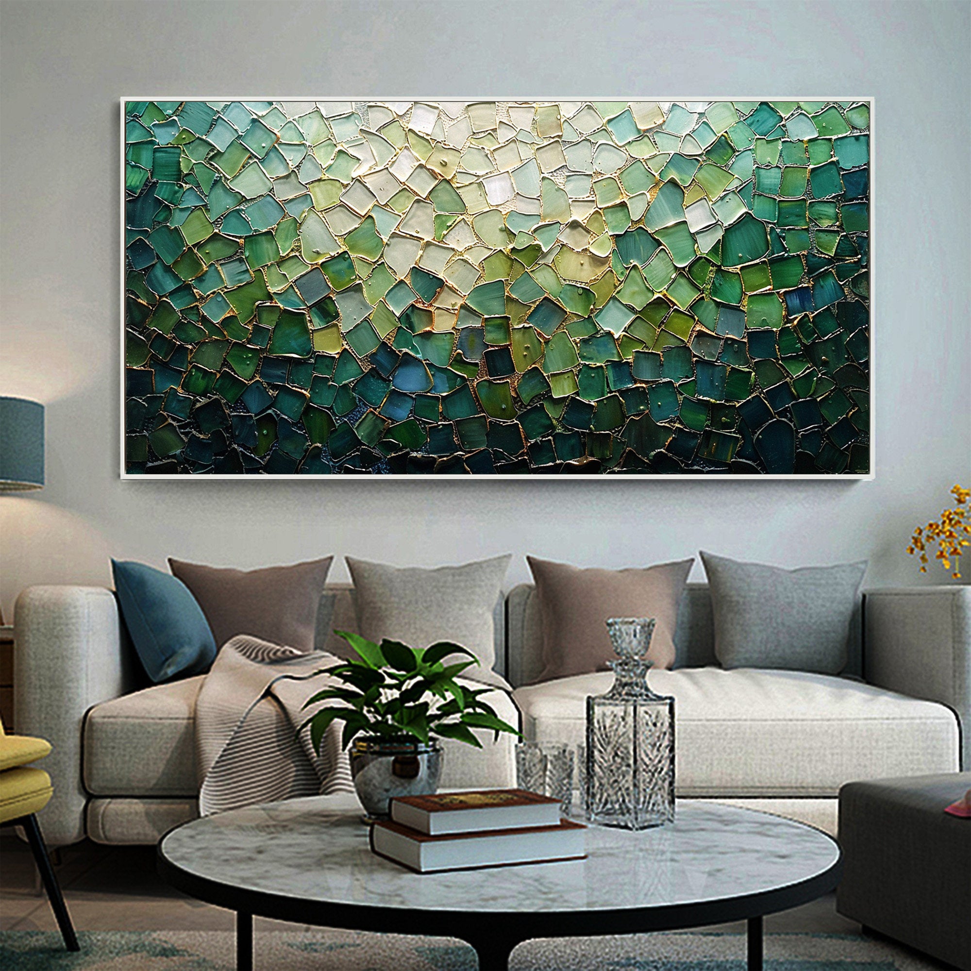 Emerald Mosaic – Hand-Painted Emerald Green and Mint 3D Plaster Relief Texture Painting | Modern Abstract Living Room & Office Art