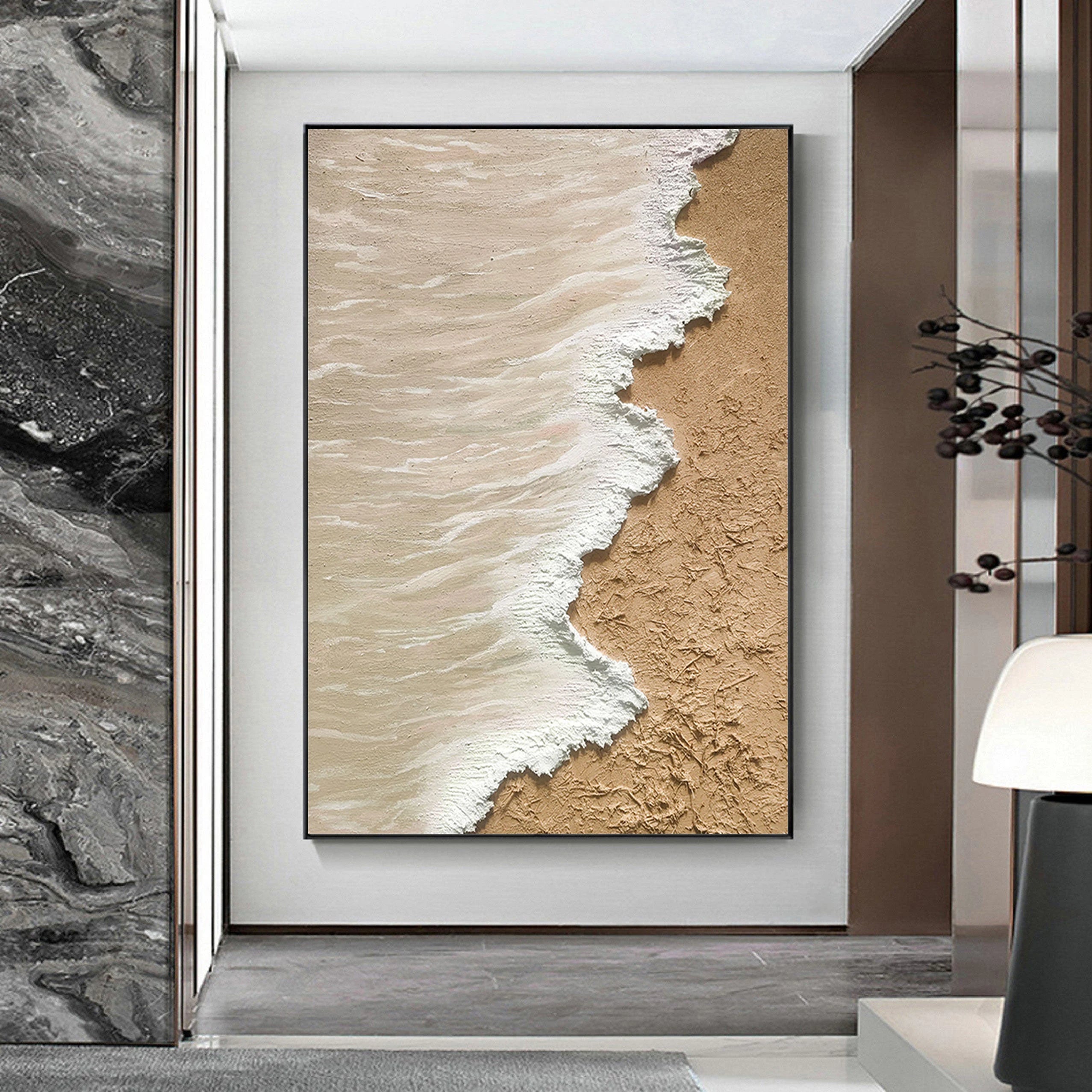Sandy Shore – Hand-Painted Creamy White Sea Foam 3D Plaster Effect Nature Painting | Japandi Organic Texture Living Room & Bedroom Art