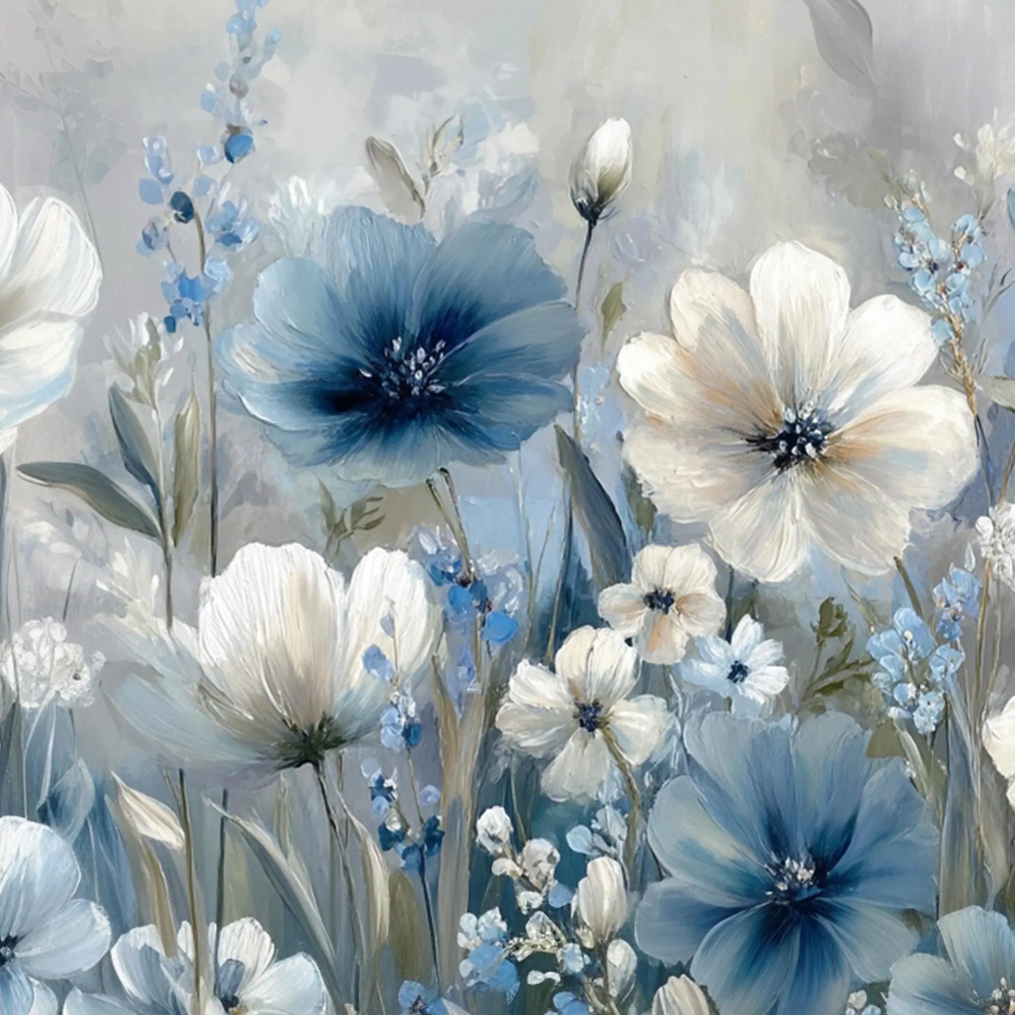 COASTAL BLOOM: Panoramic 3D Heavy Texture Botanical Wall Art, Soft Blue & White Floral Relief