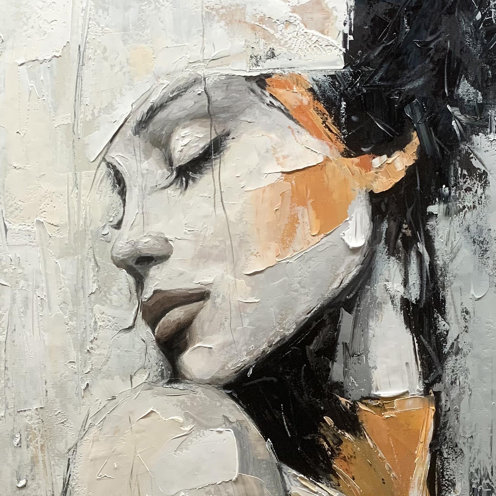 Silent Contemplation – Modern Luxury Expressionist Portrait Textured Painting | Premium Gray Bedroom Art