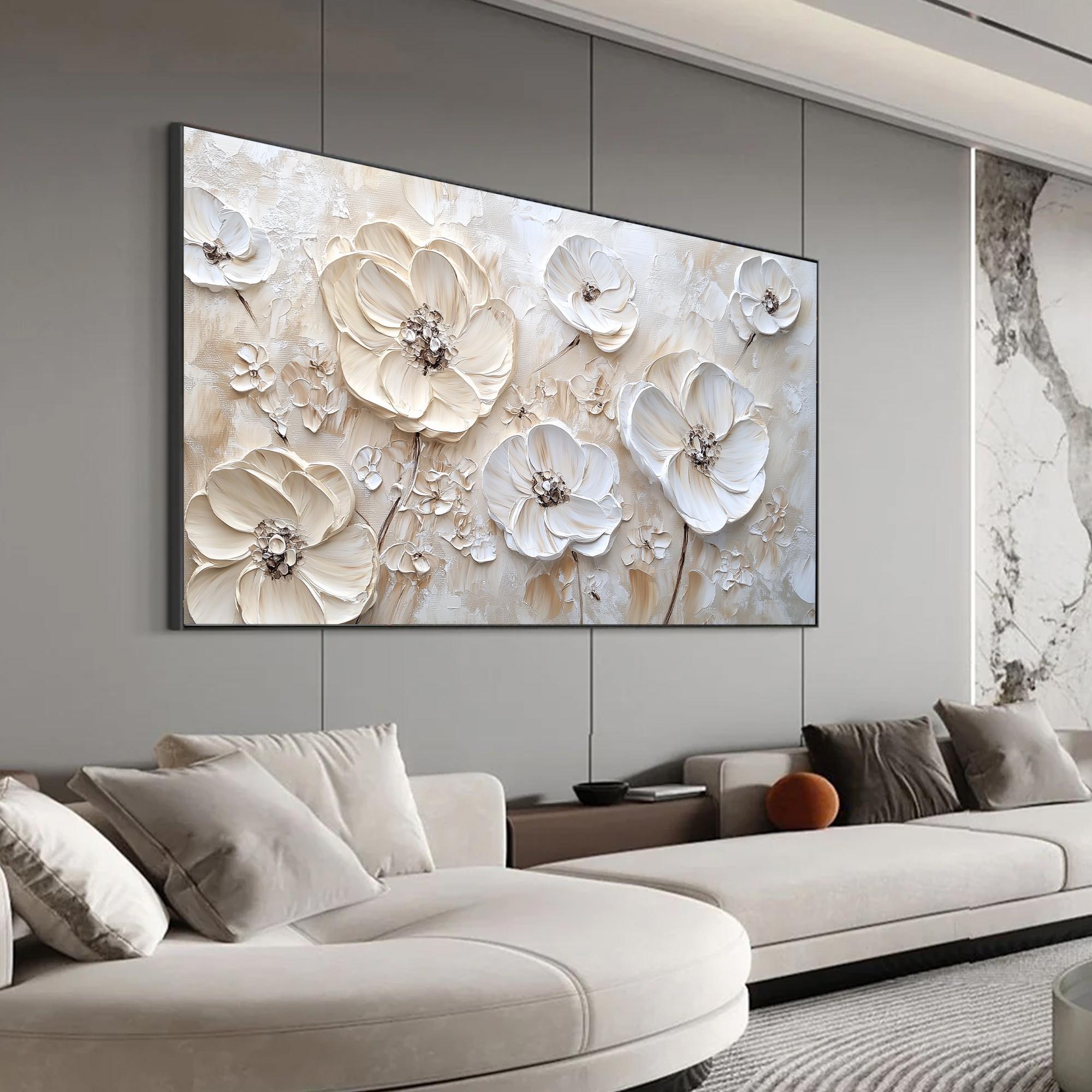 Ivory Bloom – Hand-Painted Creamy Beige Floral Plaster Relief Floral Painting | Soft Organic Botanical Bedroom & Living Room Art