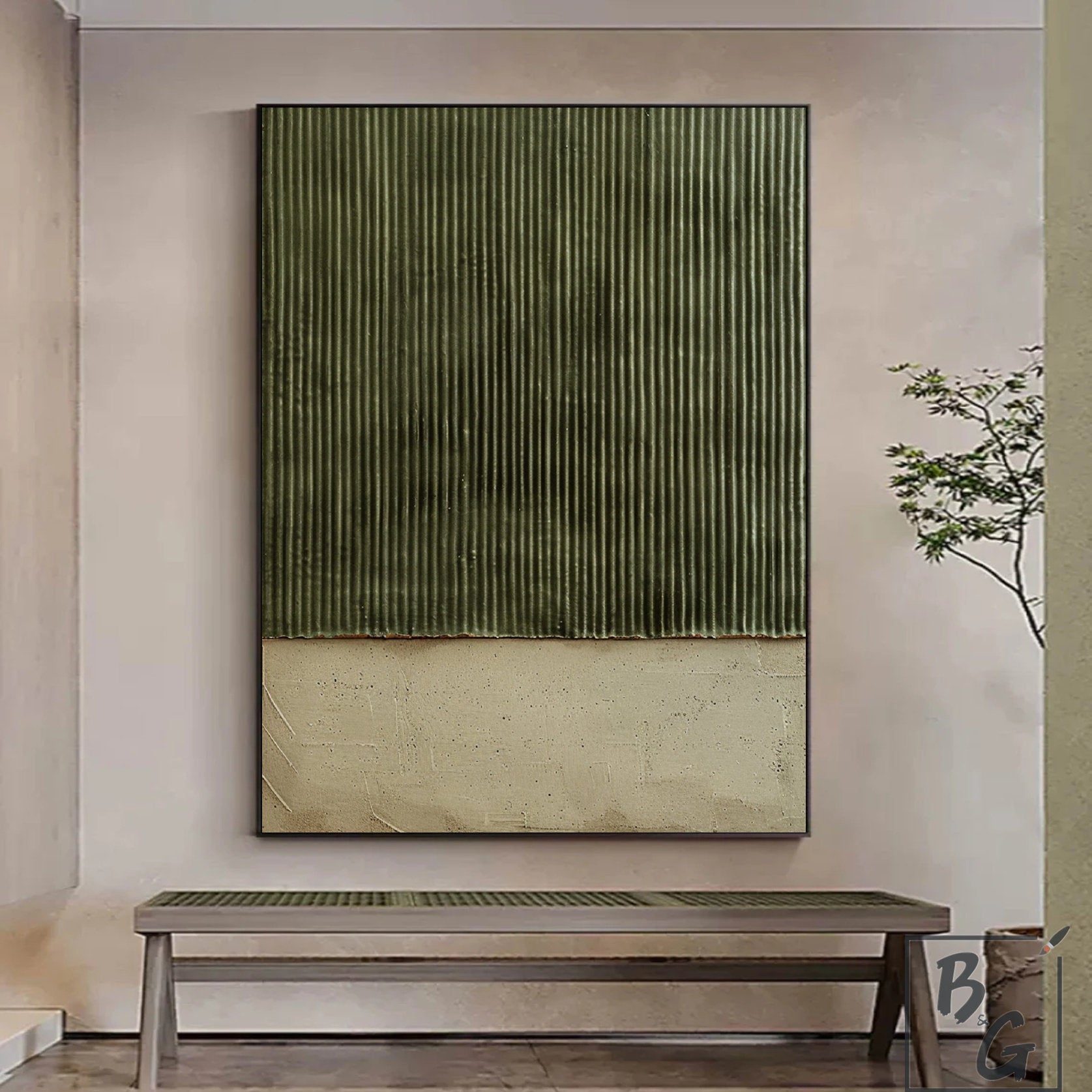 Vertical Zen – Hand-Painted Olive Green Fluted Texture Plaster Effect Abstract Wabi-Sabi Painting | Japandi Wabi-Sabi Living Room & Bedroom Art