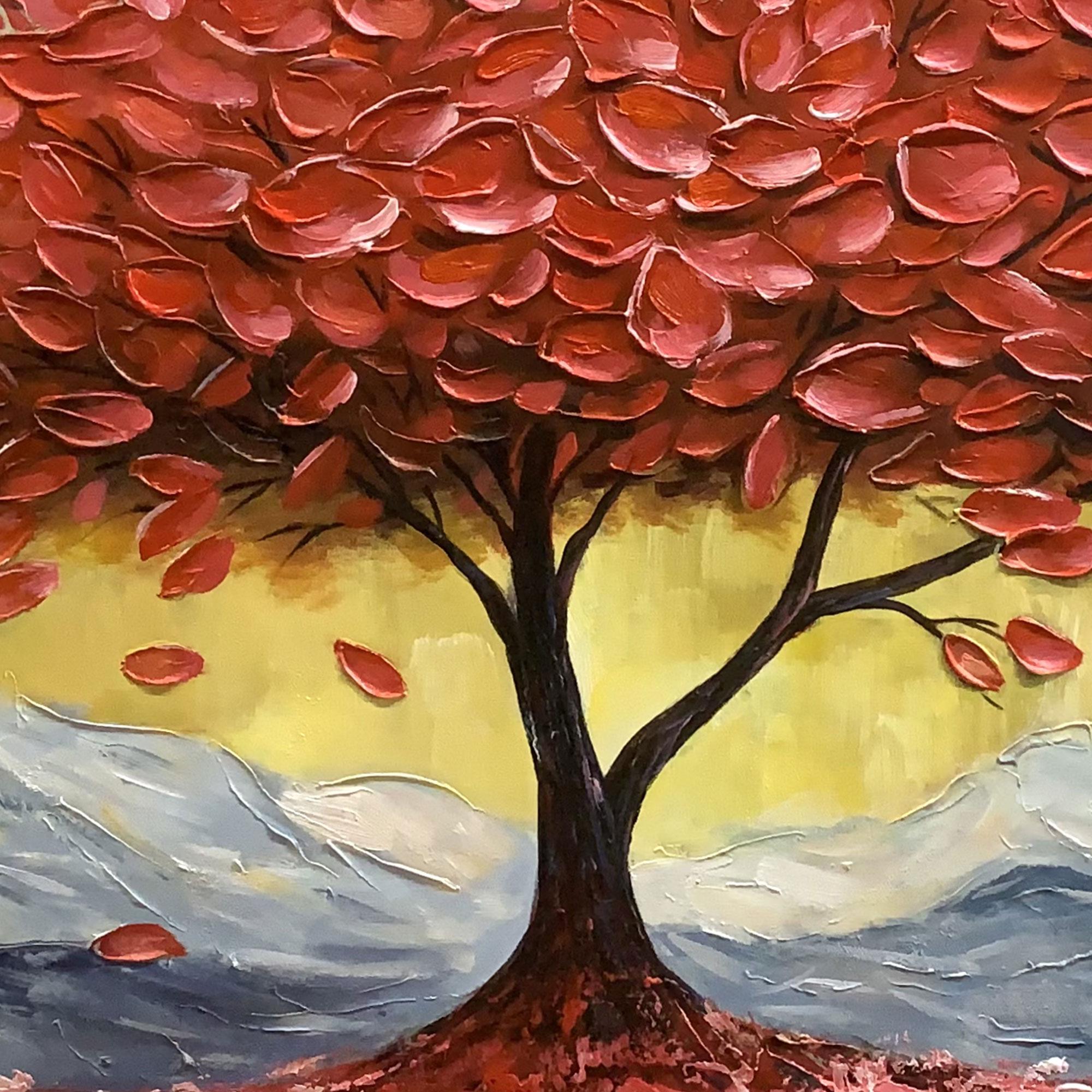 Crimson Peak – Hand-Painted Red Leaf Money Tree Snow Mountain Palette Knife Oil Tree Painting | Contemporary Mountain Living Room & Home Office Art