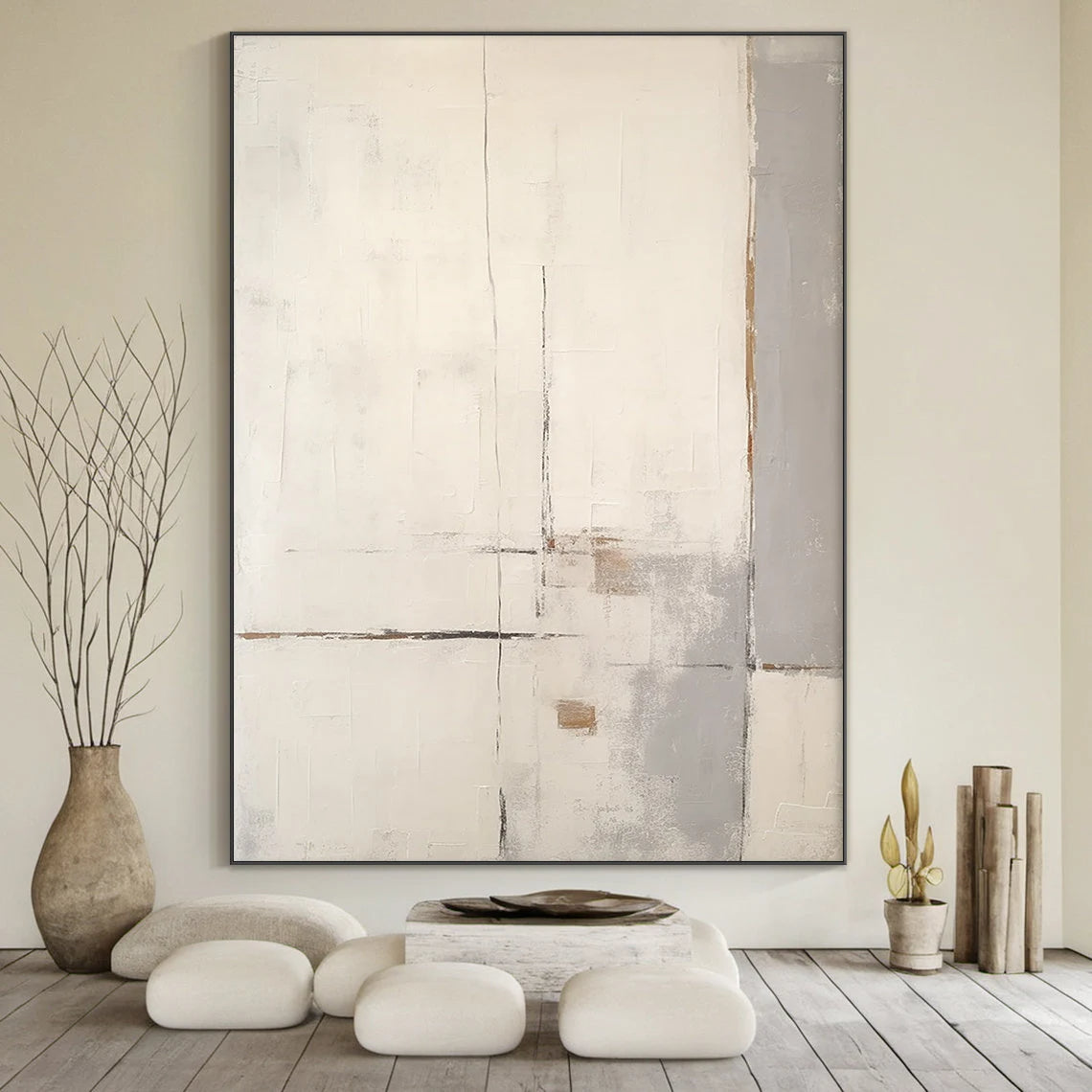 Minimalist Trace – Hand-Painted Minimalist Beige and Grey Plaster Relief Wabi-Sabi Painting | Japandi Organic Wabi-Sabi Living Room & Hallway Art