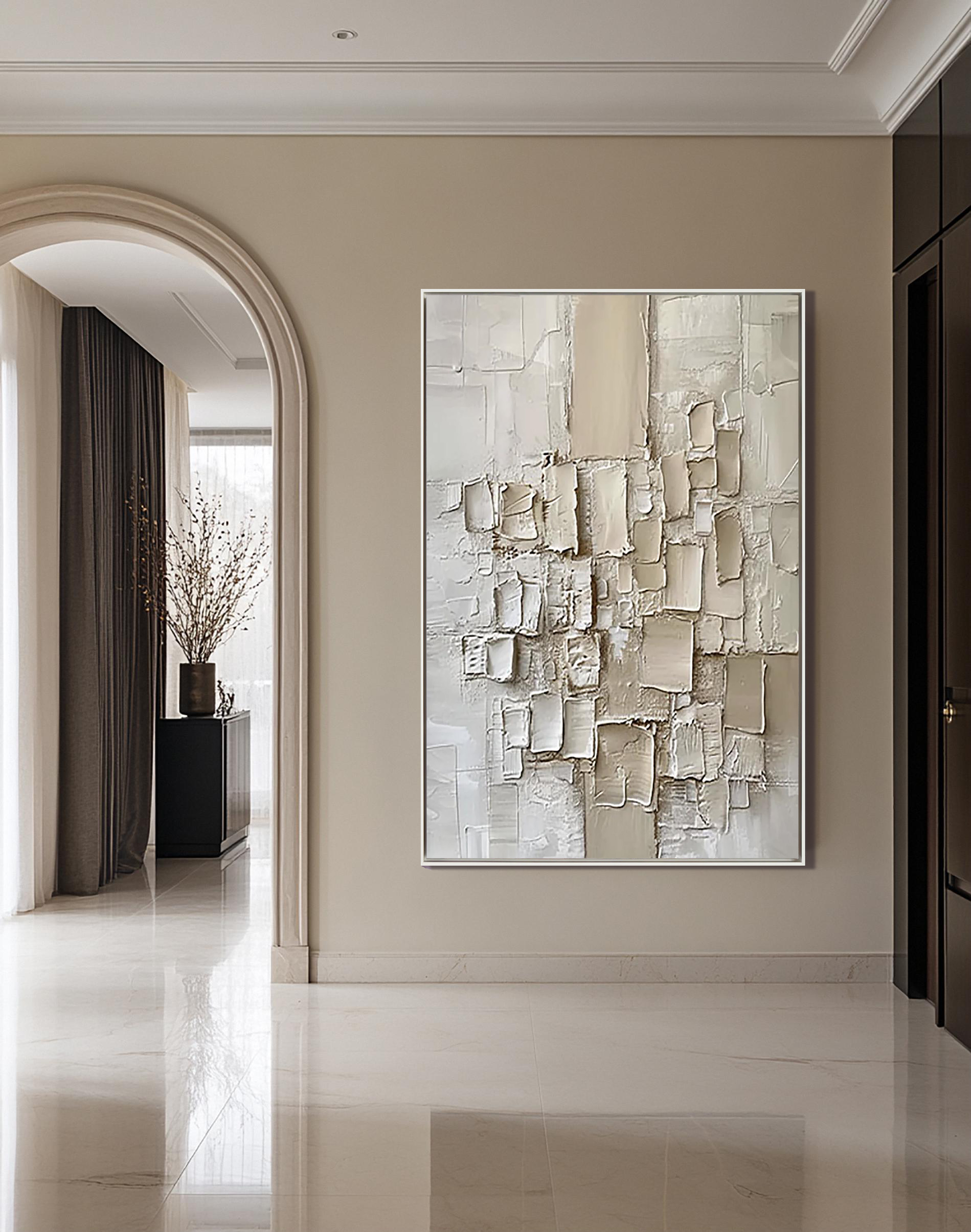 CREAMY MOSAIC: Texture Wall Art, Hand-Painted Minimalist Off-White Geometric Block Plaster Relief Heavy Texture Canvas Painting