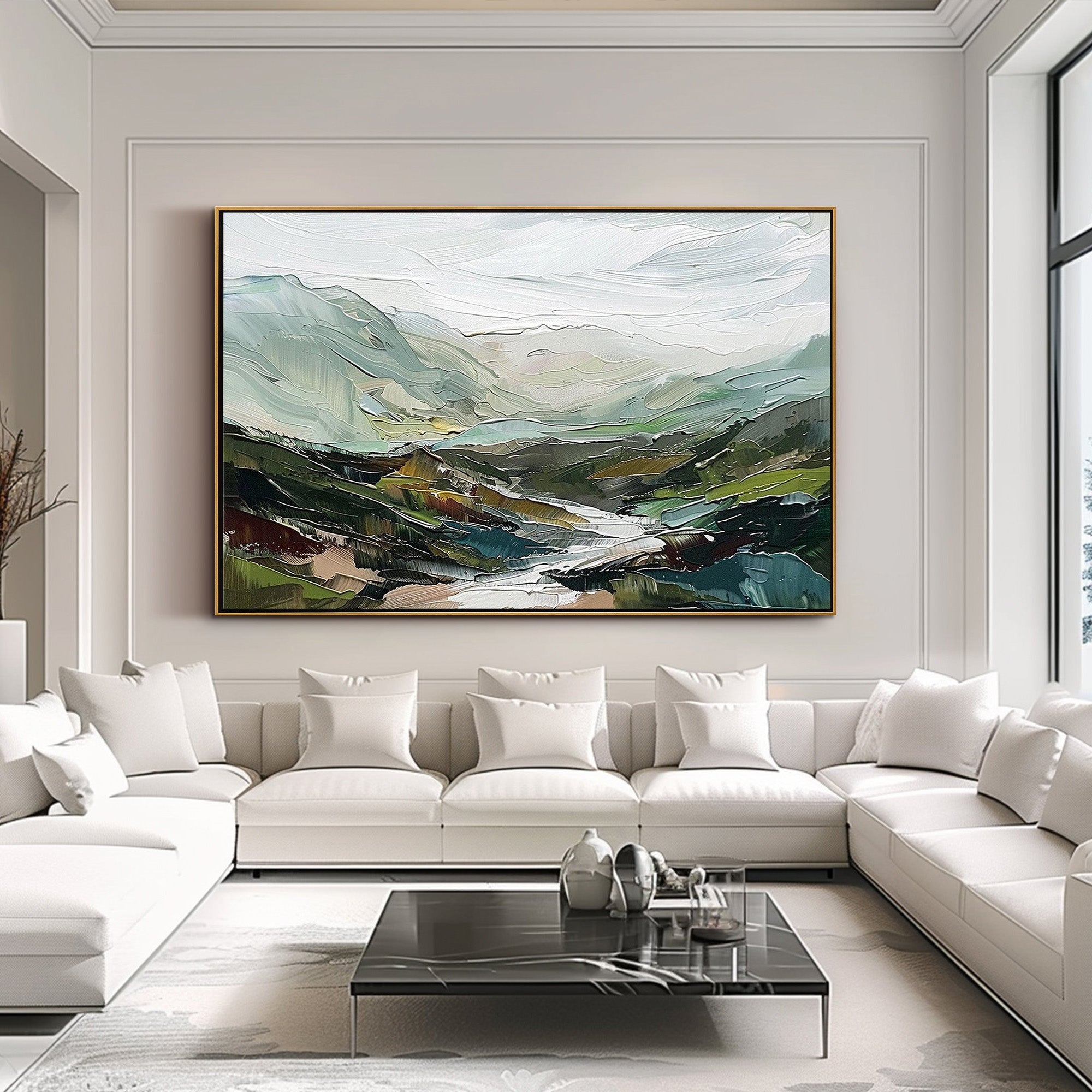 Emerald Valley – Hand-Painted Green Mountain and River Valley Palette Knife Oil Landscape Painting | Contemporary Mountain Living Room & Home Office Art