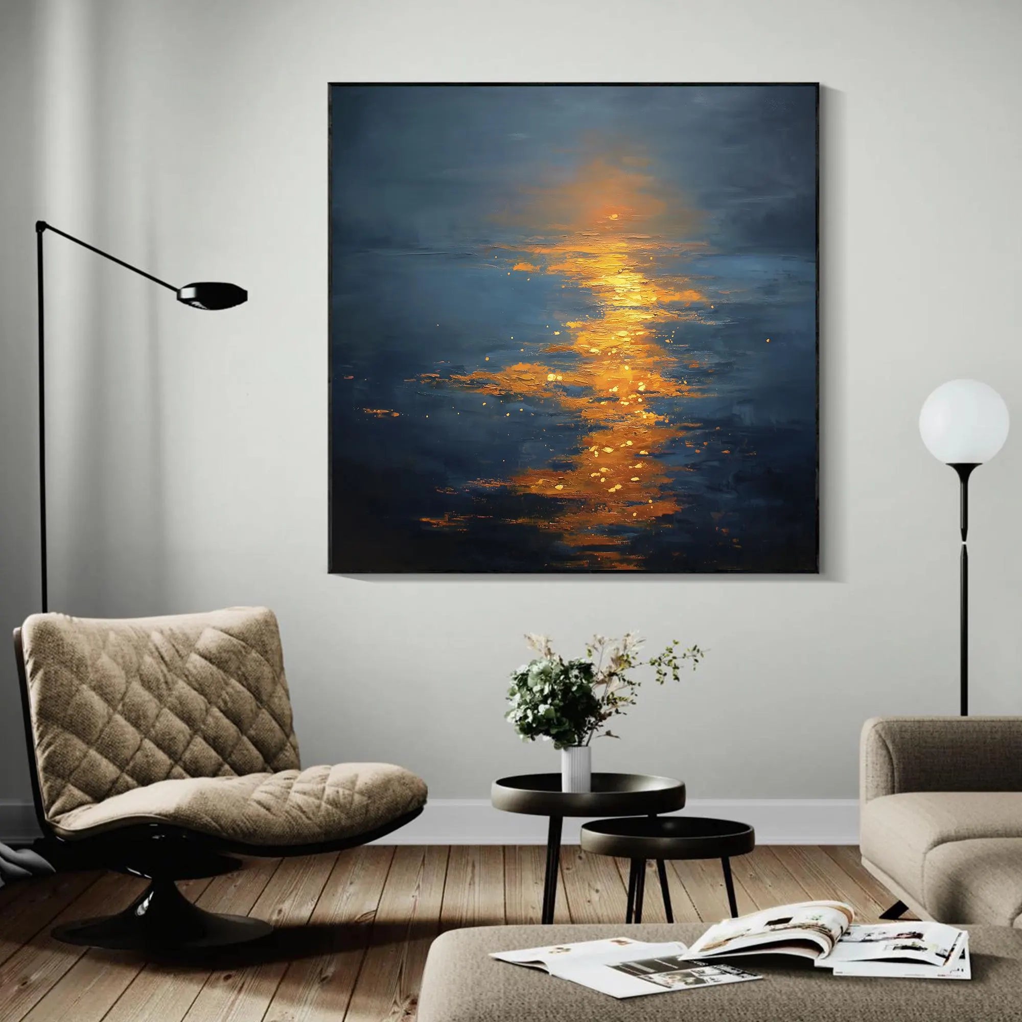 Golden Path – Deep Blue & Gold Sunset Impasto Texture Painting | Coastal Modern Living Room & Bedroom Art