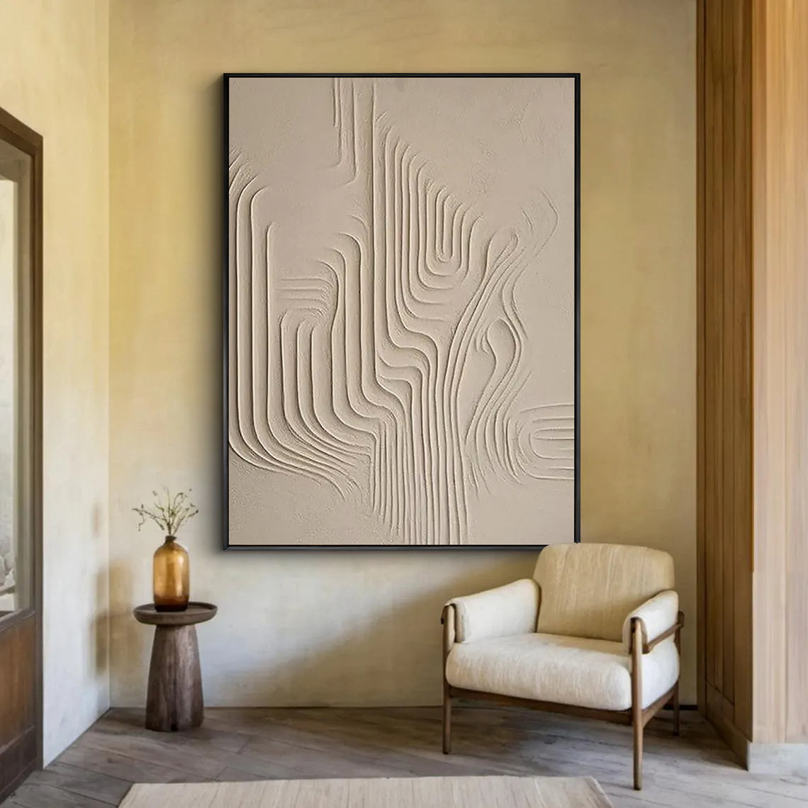 Zen Ripple – Hand-Painted Minimalist Beige Plaster Effect Relief Wabi-Sabi Painting | Japandi Organic Wabi-Sabi Living Room & Hallway Art