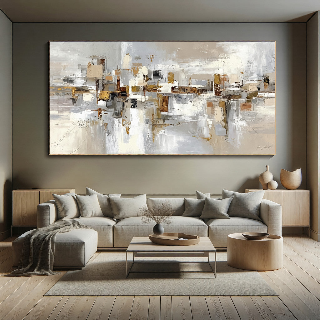 SHIFTED PLANES- Panoramic Neutral Tone Abstract Art | Heavy Texture Earthy Living Room Wall Painting