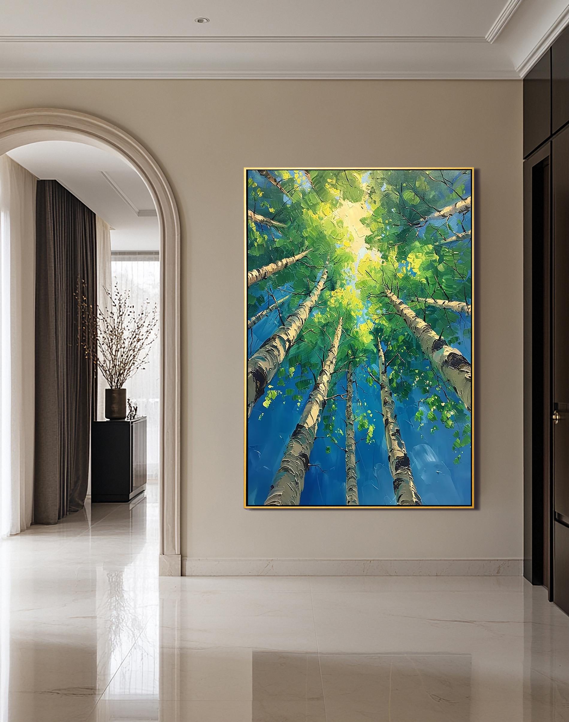 Azure Birch – Hand-Painted Looking Up Birch Forest Blue Sky Palette Knife Thick Nature Painting | Coastal Modern Living Room & Bedroom Art
