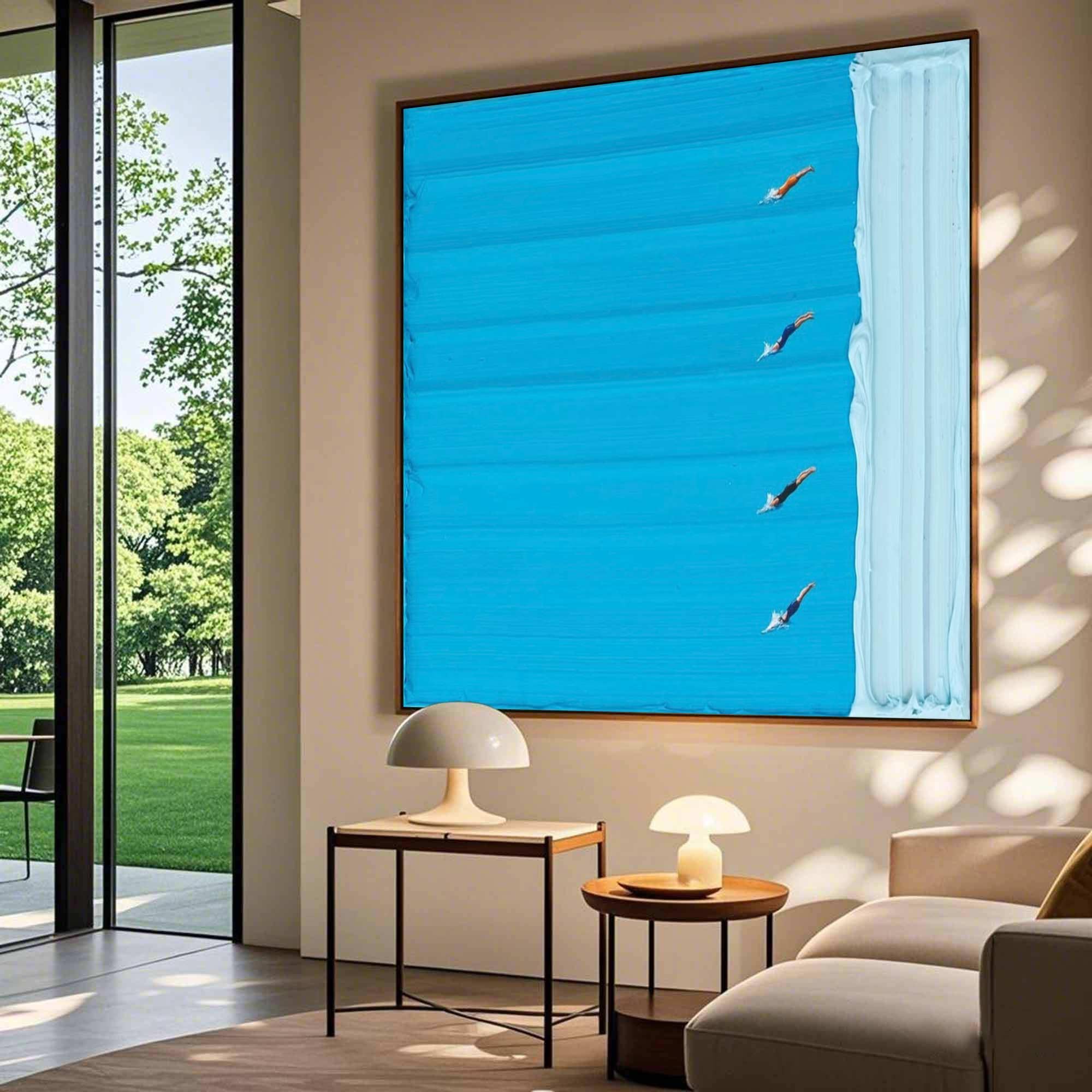 Azure Lane – Hand-Painted Minimalist Swimming Pool with Figures Sport Painting | Contemporary Expressionist Living Room & Office Art