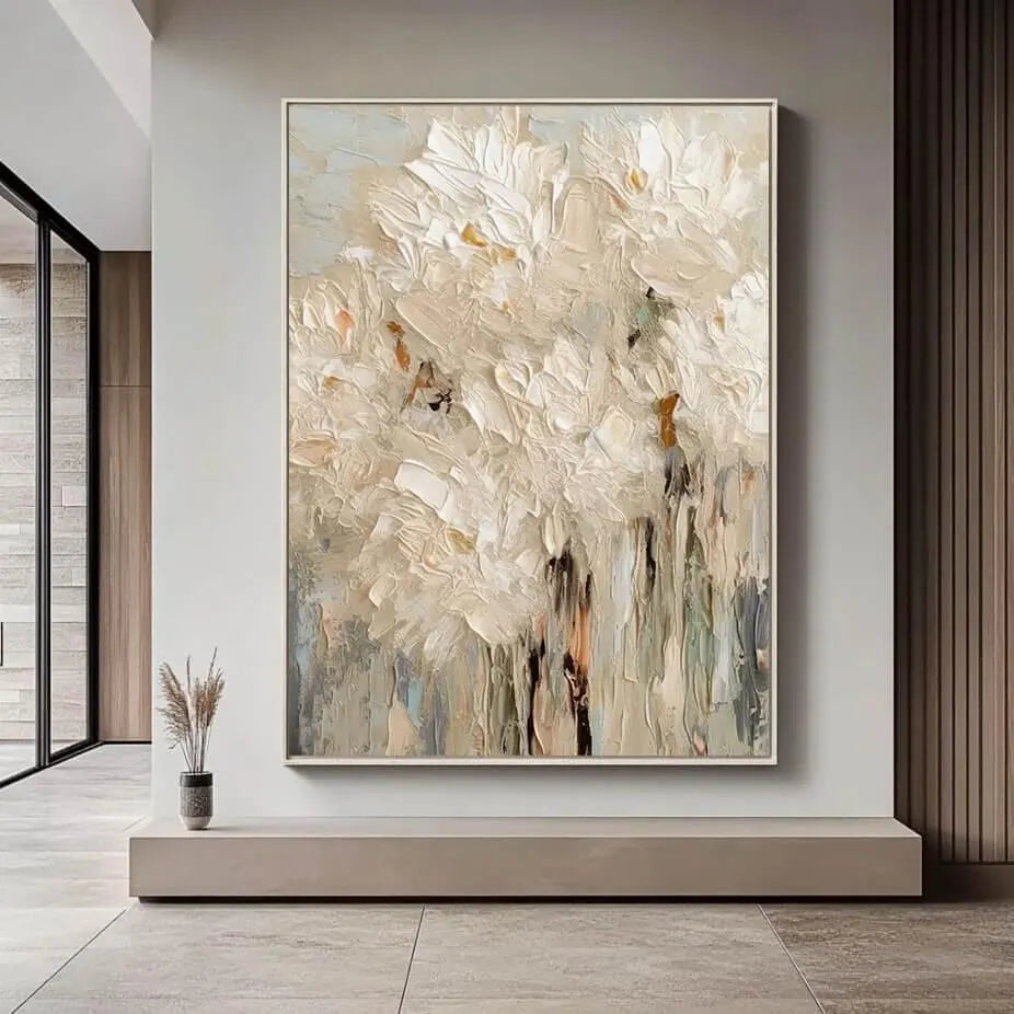 Vanilla Surge – Modern Palette Knife Floral Relief Floral Painting | Contemporary Botanical Bedroom & Living Room Art