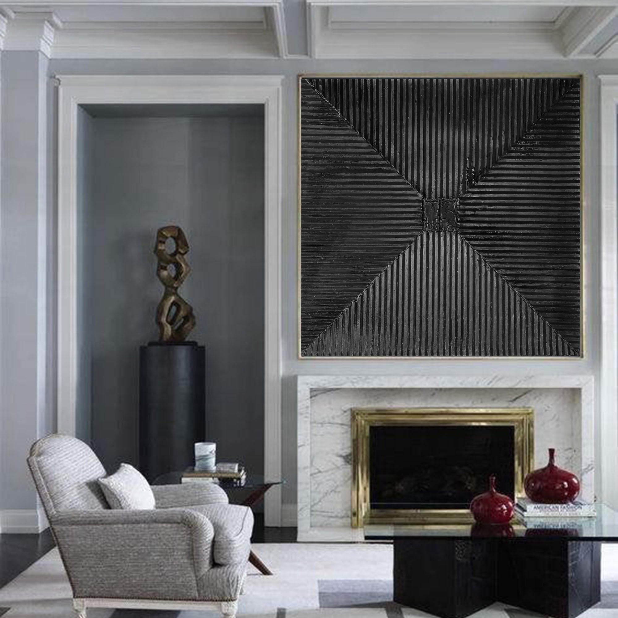Dark Radiance – Modern Wabi-Sabi Radial Relief Monochromatic Minimalist Painting | Japandi Wabi-Sabi Living Room & Bedroom Art