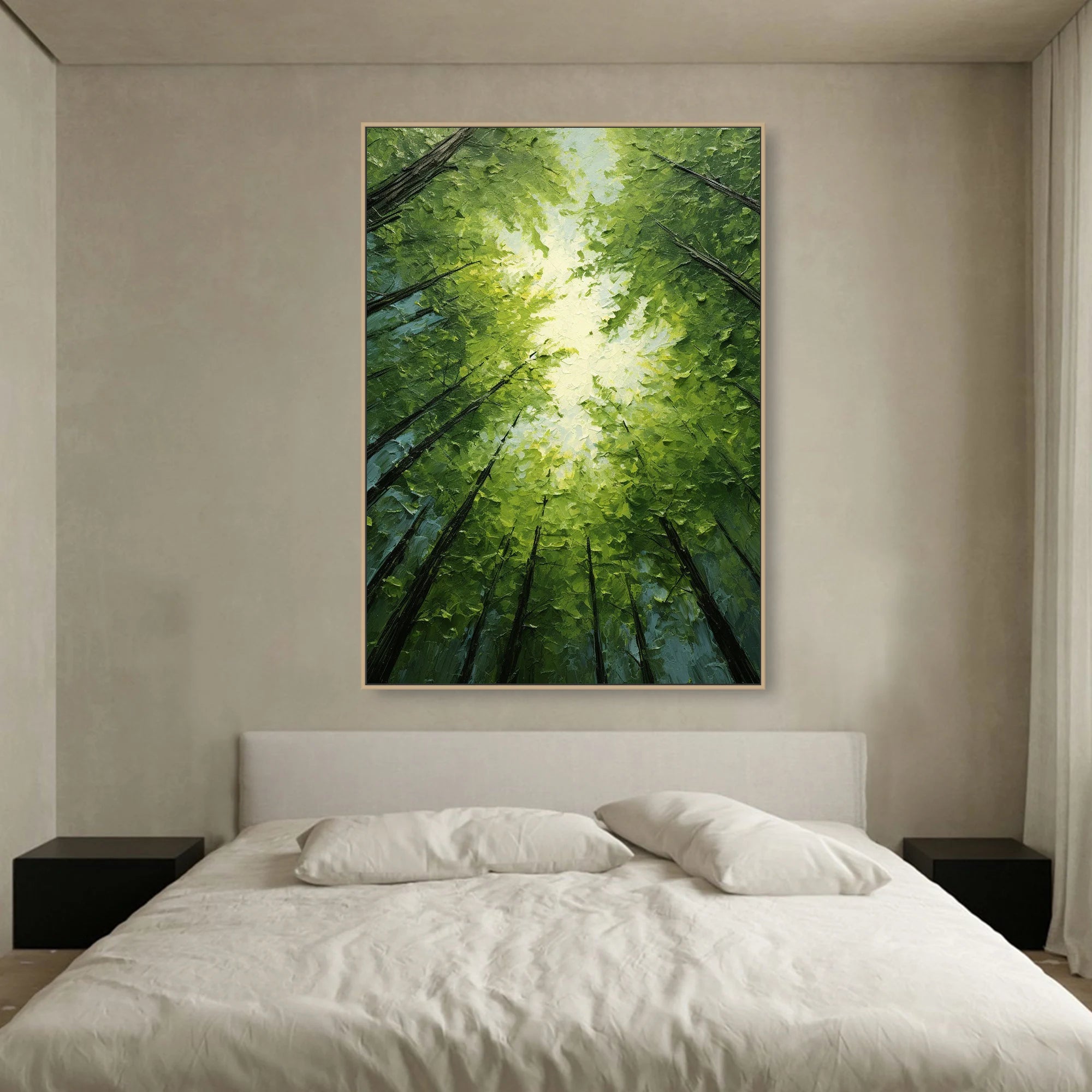 Emerald Canopy – Hand-Painted Worm's-Eye View Green Tree Sunlight Palette Knife Forest Painting | Contemporary Landscape Living Room & Dining Room Art