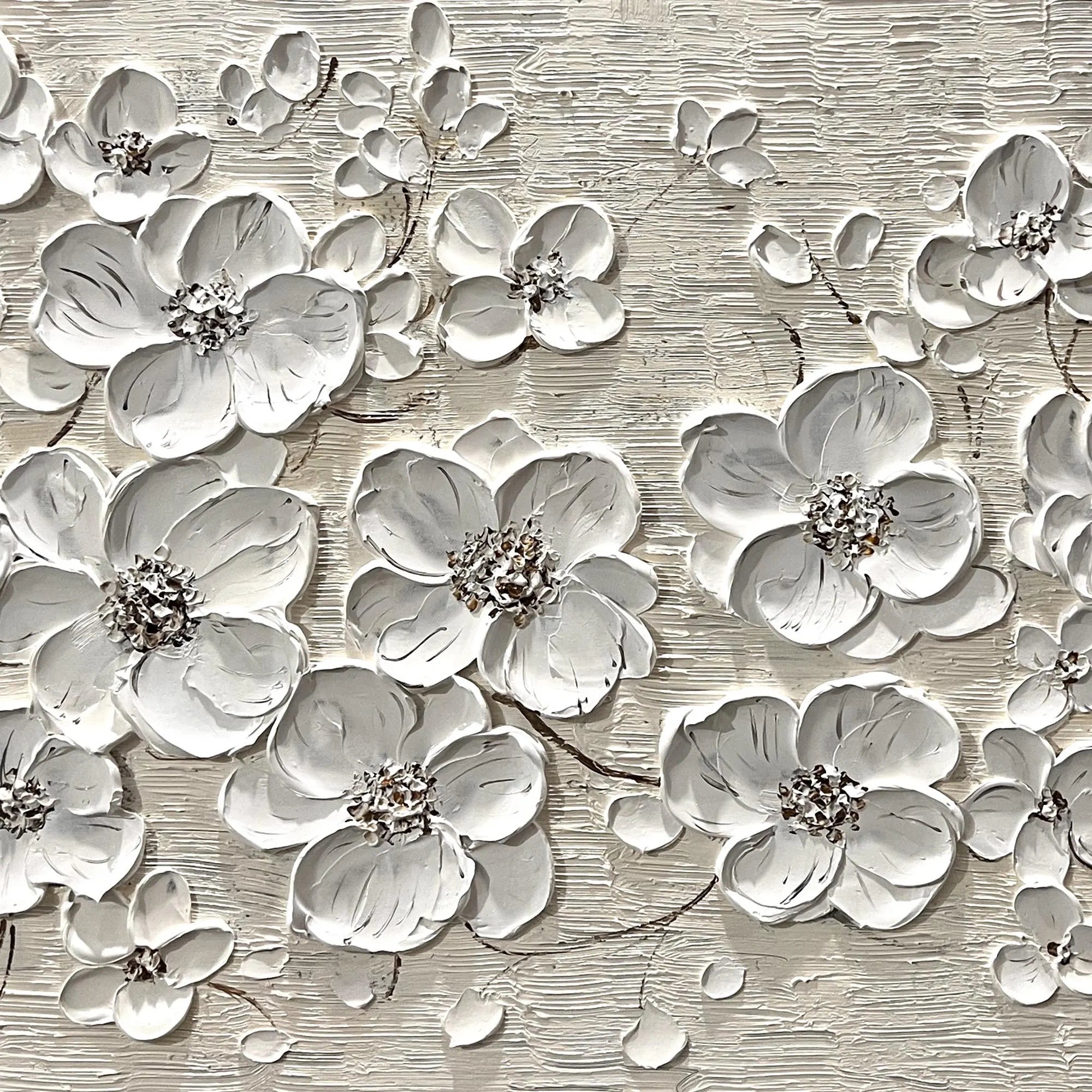 White Harmony – Hand-Painted 3D Impasto White Blossom Floral Painting | Contemporary Botanical Bedroom & Living Room Art