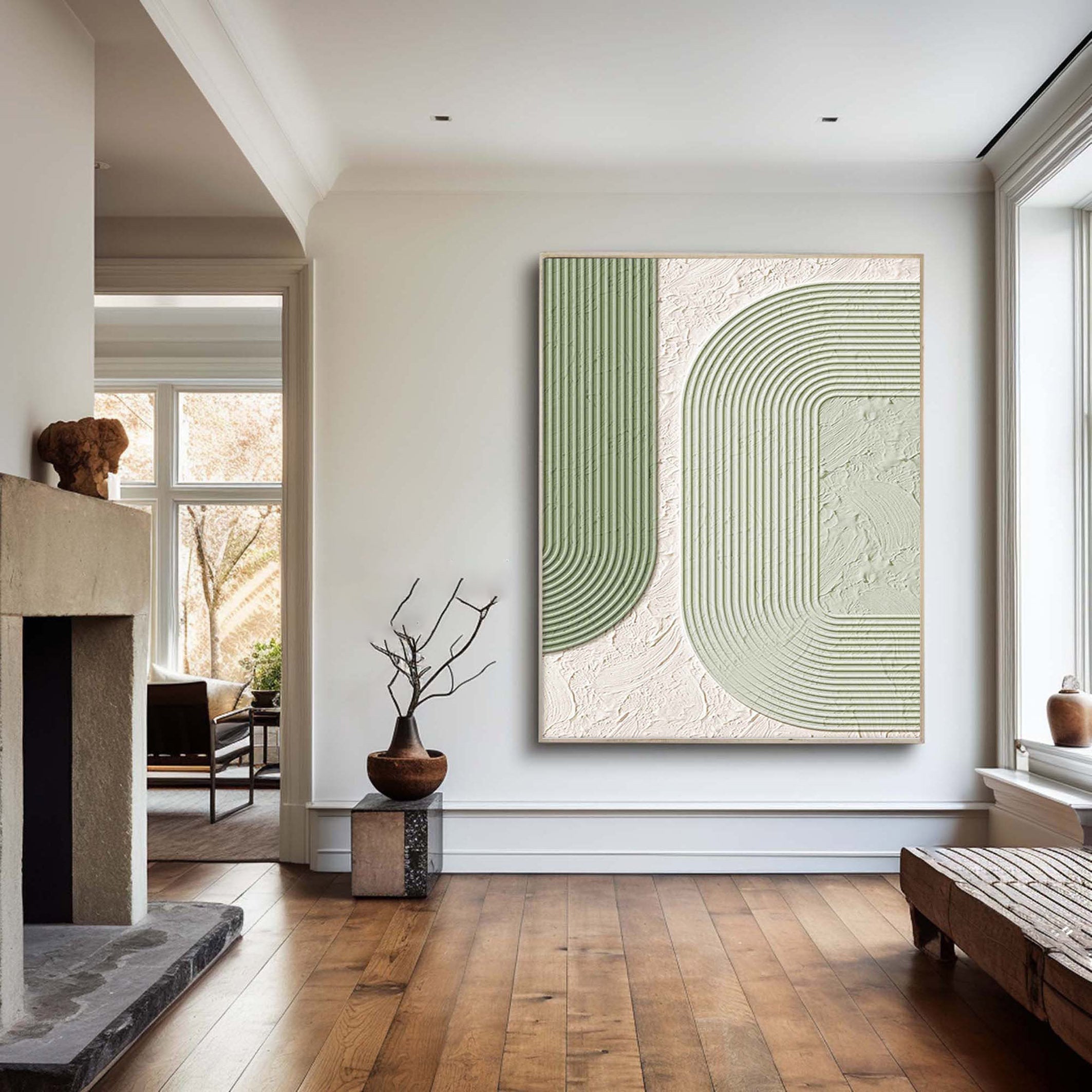 LINEAR ECHO: Modern Sculptural Line Art, Textured Sage & White Minimalist Canvas