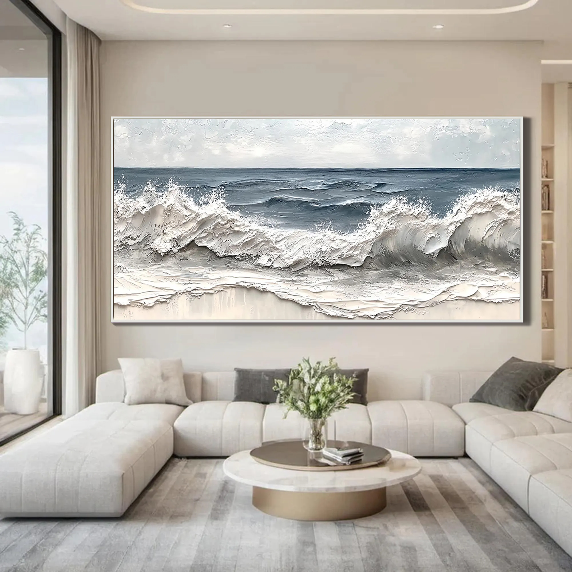Deep Sea Echo – Modern Textured Painting | Creative Navy Blue Crashing Wave Living Room Decor
