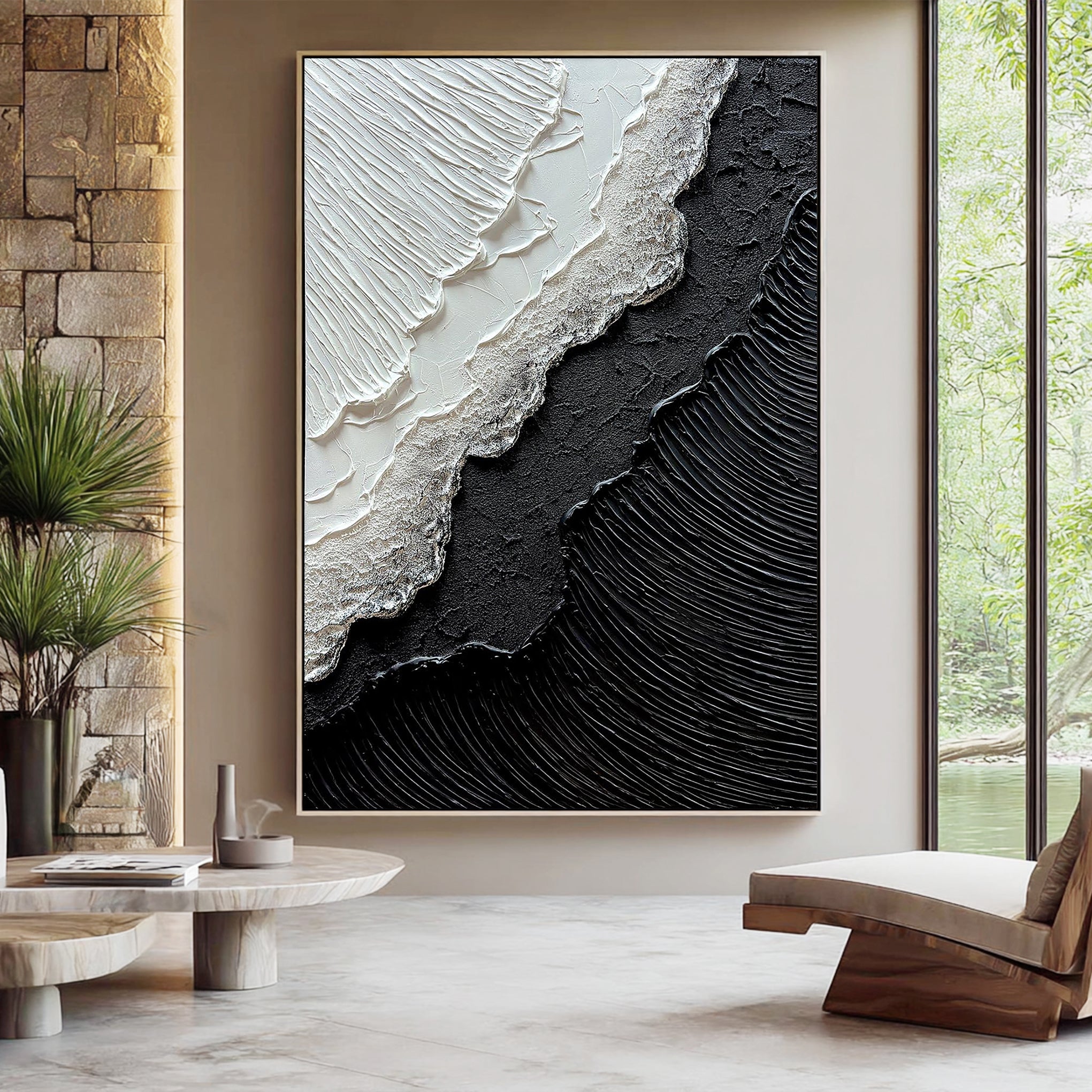 Onyx Split – Modern Black & White Plaster Relief Abstract Painting | Industrial Abstract Home Office & Living Room Art