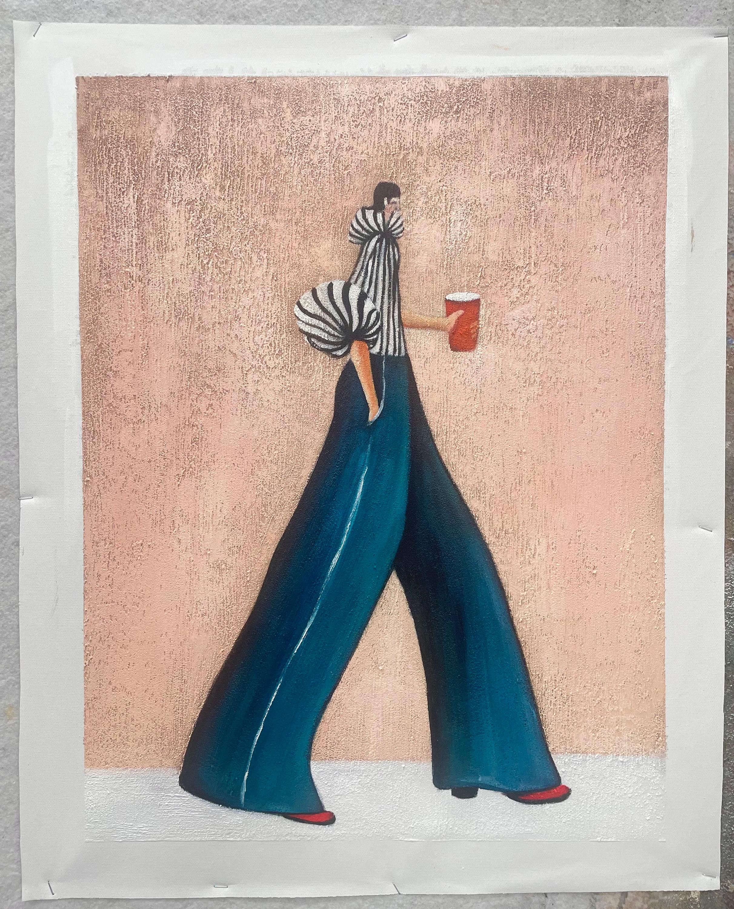The Urban Stride – Avant-Garde Zebra Striped & Teal Figures Painting | Chic Dusty Pink Living Room Art